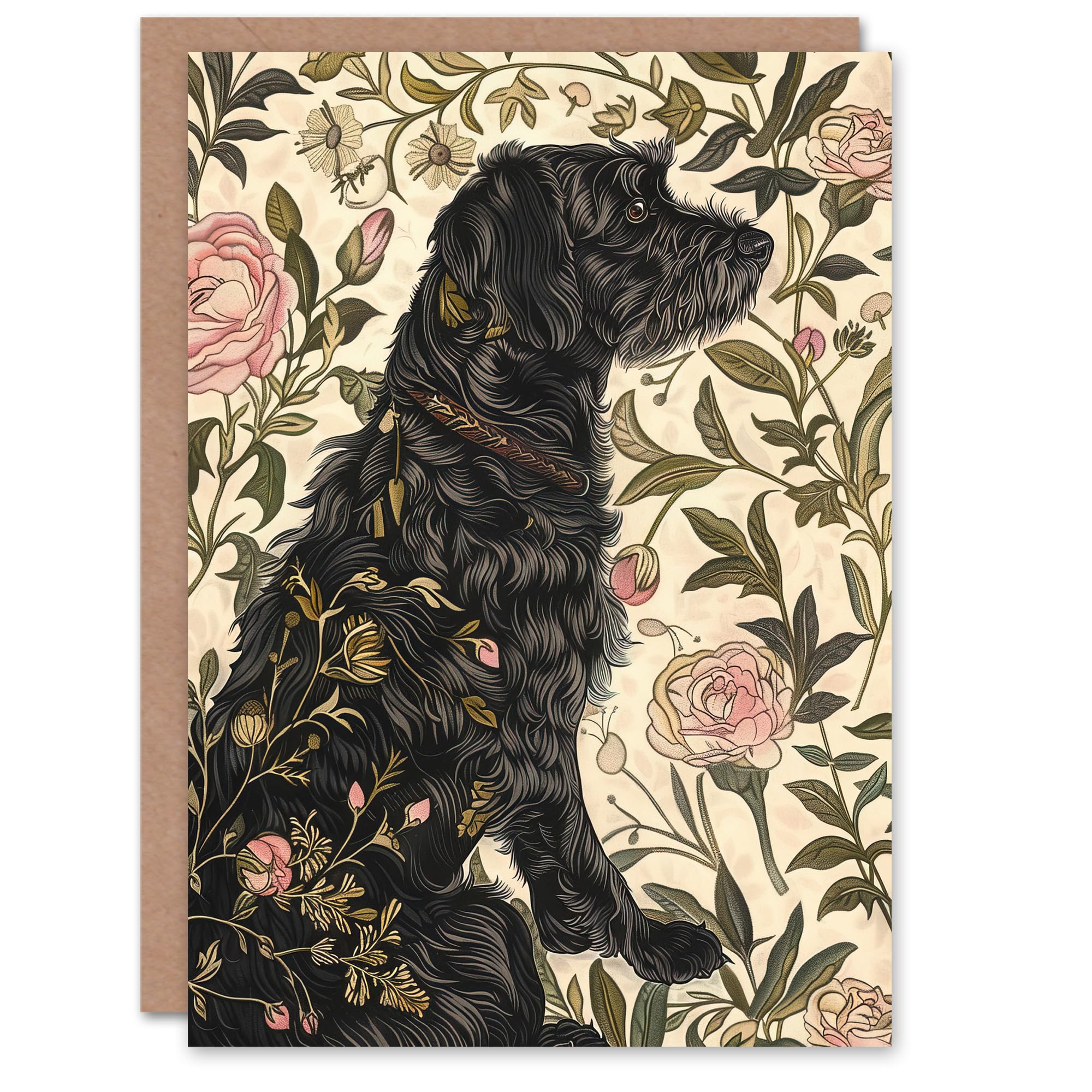Artery8 Dog in Carnations Painting Botanical Vintage Greeting Birthday Card Him Her All Blank