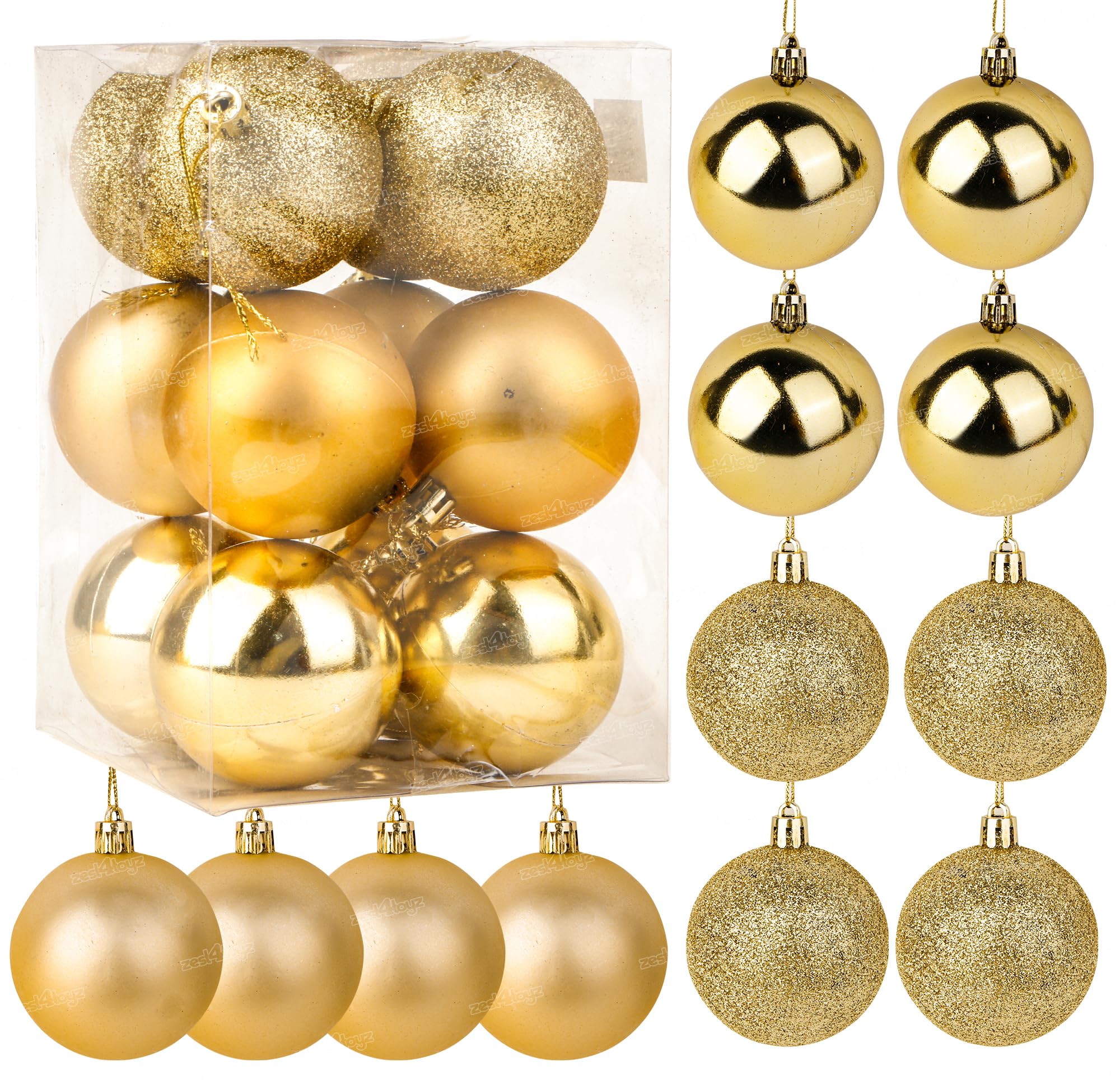 Zest 4 Toyz Pack of 12 Christmas Tree Decoration Balls Hanging Ornaments Glittering Shatterproof Props Xmas Tree Decor Accessories Items for Home Office (Size 6cm) Golden