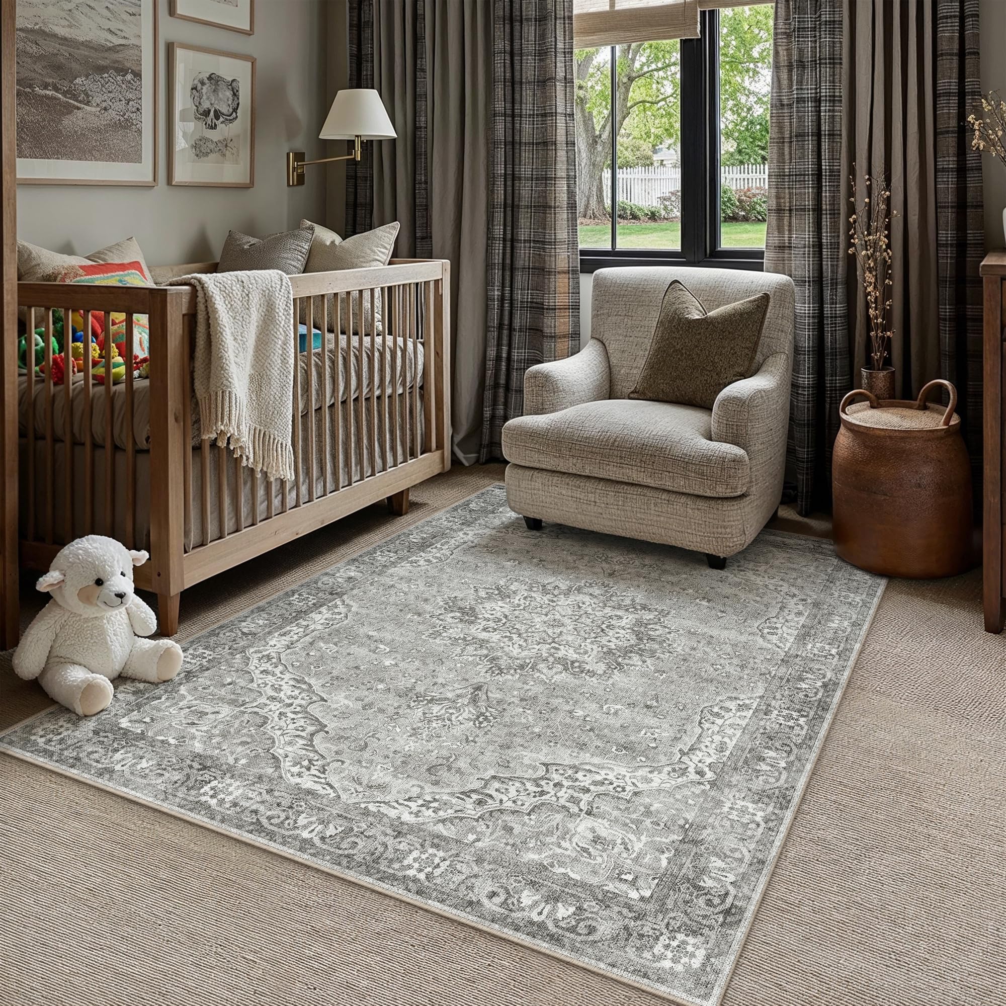 PureCozy Grey Rugs Living Room Large Washable Rug Non Slip Bedroom Carpets 120x170cm Vintage Carpet for Office Kitchen Dining Room Indoor Soft Low Pile Retro Mat