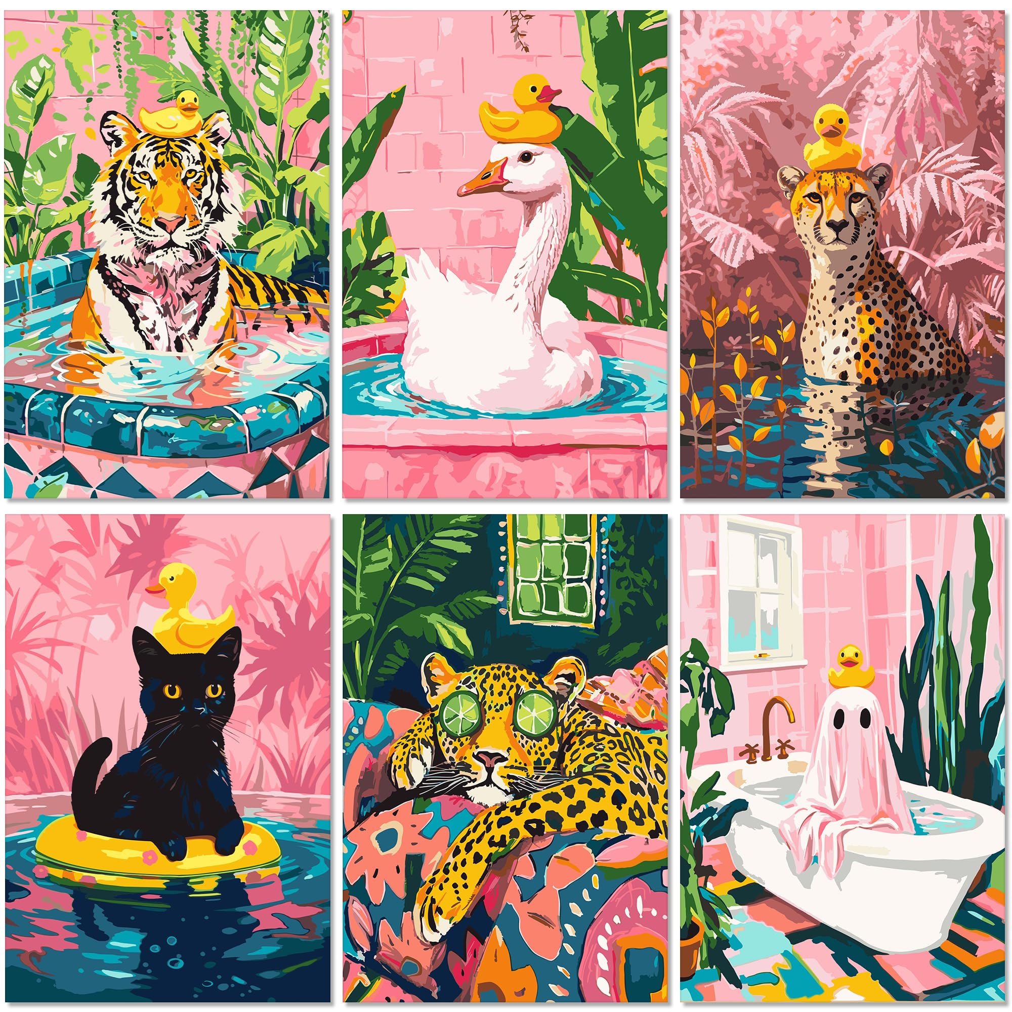 OWANVION 6 Pack Paint by Number Kits for Adult, Fun Tropical Bath Animal Home Wall Decor, DIY Acrylic Oil Painting by Numbers Kits for Beginner 8x12 Inch