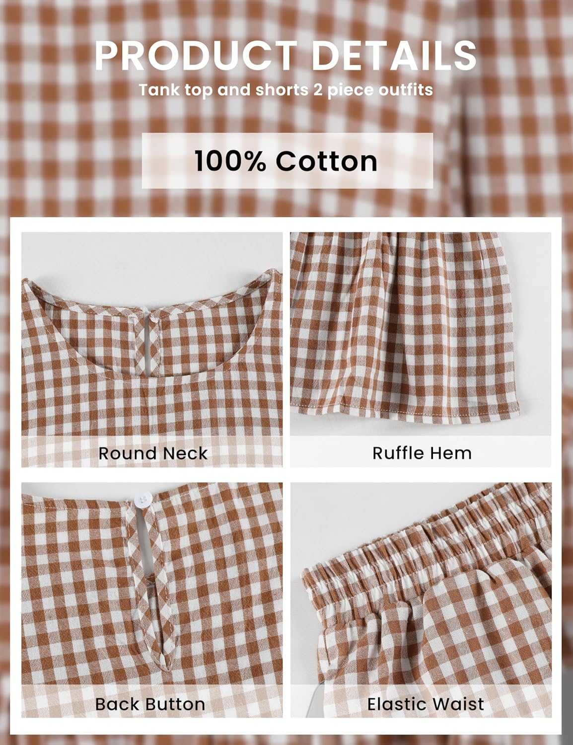 QIBABU Womens 2 Piece Outfits Summer Gingham Plaid Peplum Tank Tops High Waist Shorts Casual Cotton Lounge Sets
