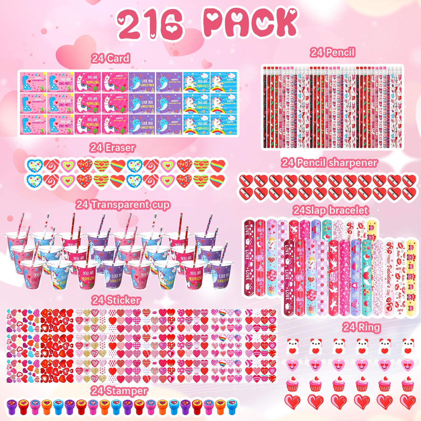 Sayglossy 216 Pcs Valentine's Day Gifts for Kids Assorted Party Favors Include Cup Pencil Slap Bracelet Sticker Card Ring Stamper Sharpener Eraser for School Classroom Reward Prize Goodie Bag Fillers