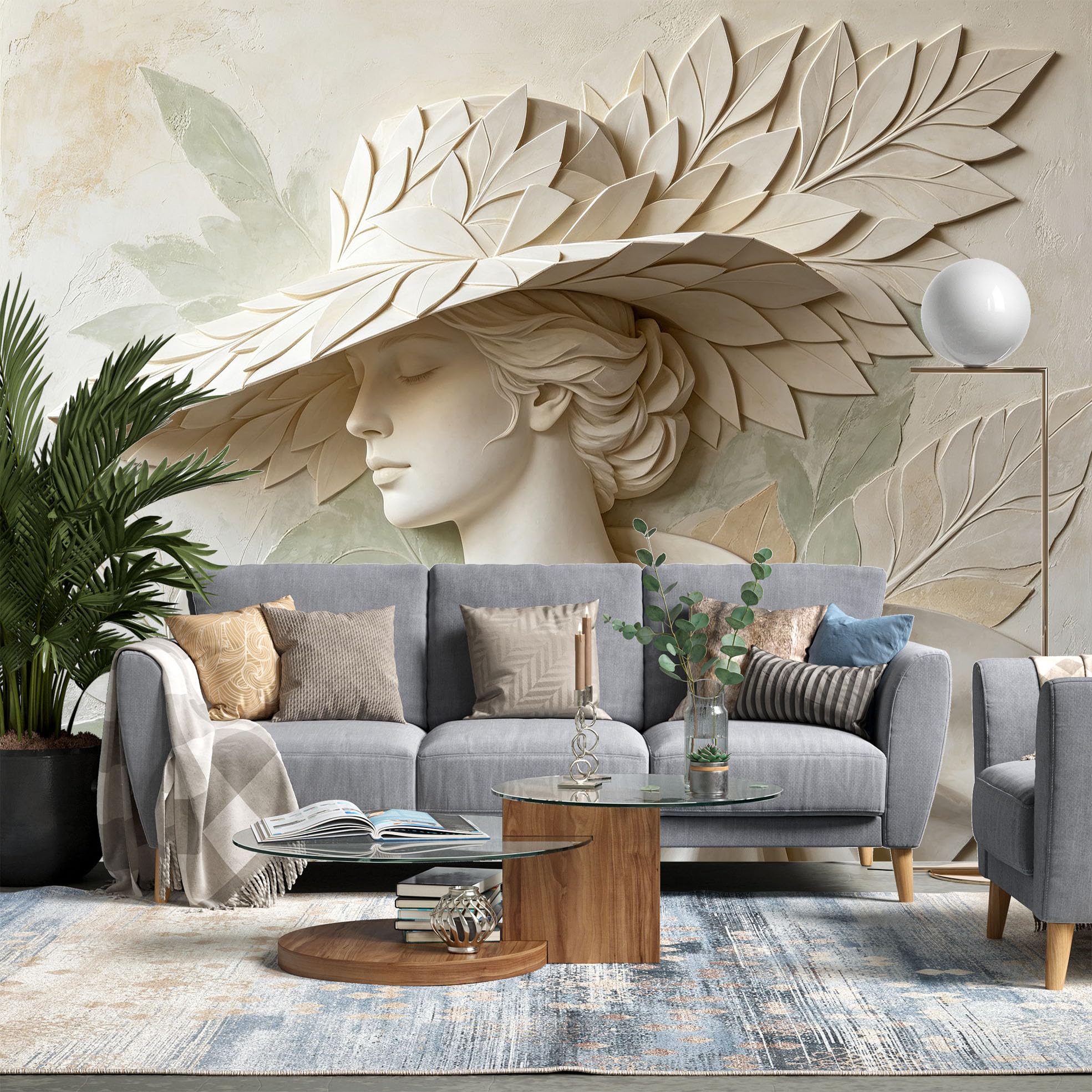 Papier Peint Mural Intissé 200 x 140 cm Motif Femme Élégante Au Chapeau Feuilles Style Sculpture Grecque Décoration Fresque Murale Esthétique pour Salon Ou Chambre.