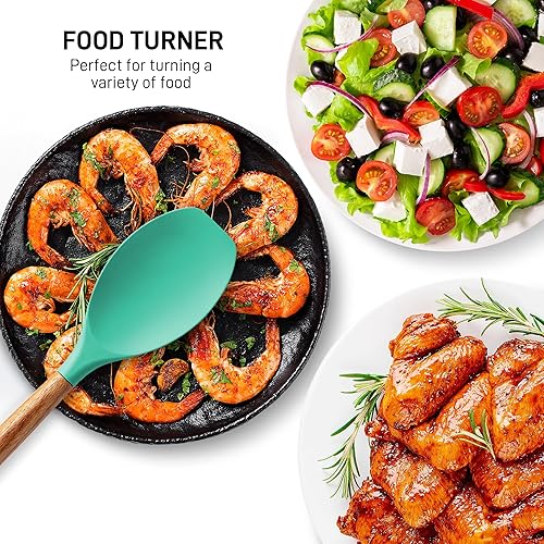 Miniatura 6 de Zulay Kitchen Juego de utensilios de cocina de silicona antiadherente con auténticas asas de madera de acacia, juego de utensilios de silicona de 5