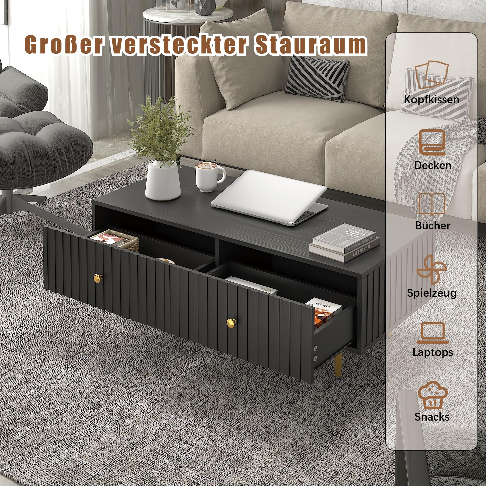 KEEPREAPER Couchtisch, Wohnzimmertisch mit 2 Schubladen und Metallfüßen, modern, für Wohnzimmer, 110 x 50x 40 cm (Schwarz)
