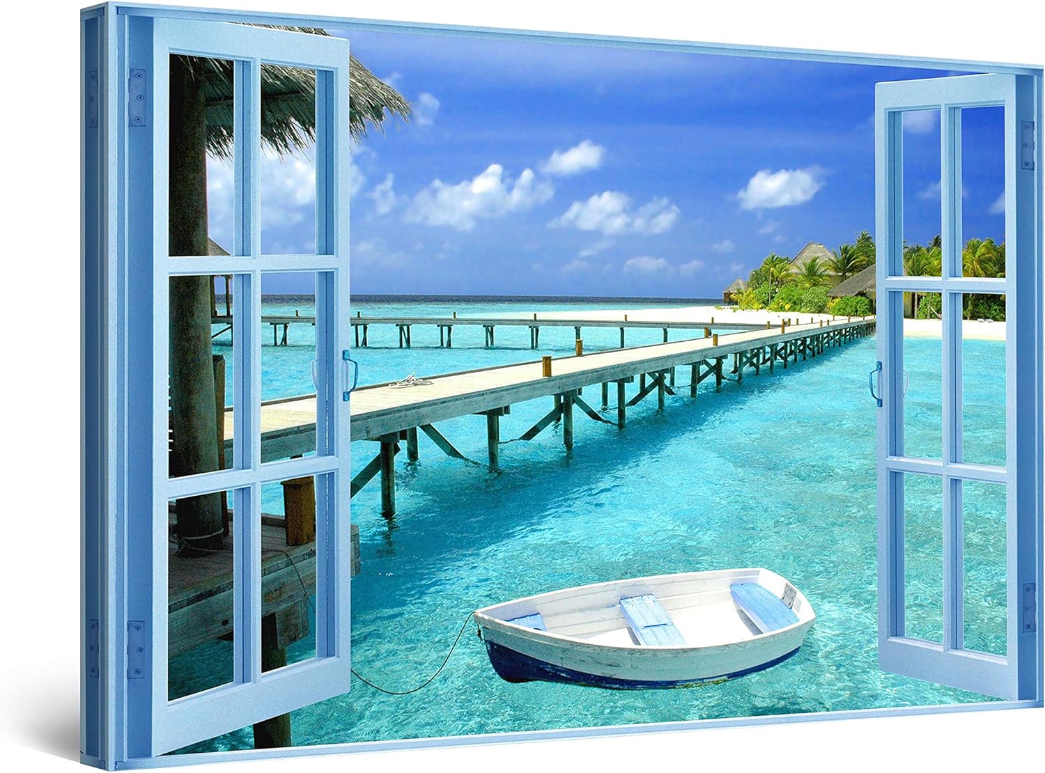 Startonight Canvas Wall Art Window to Paradise Beach, Windows Framed Wall Decor 32" x 48