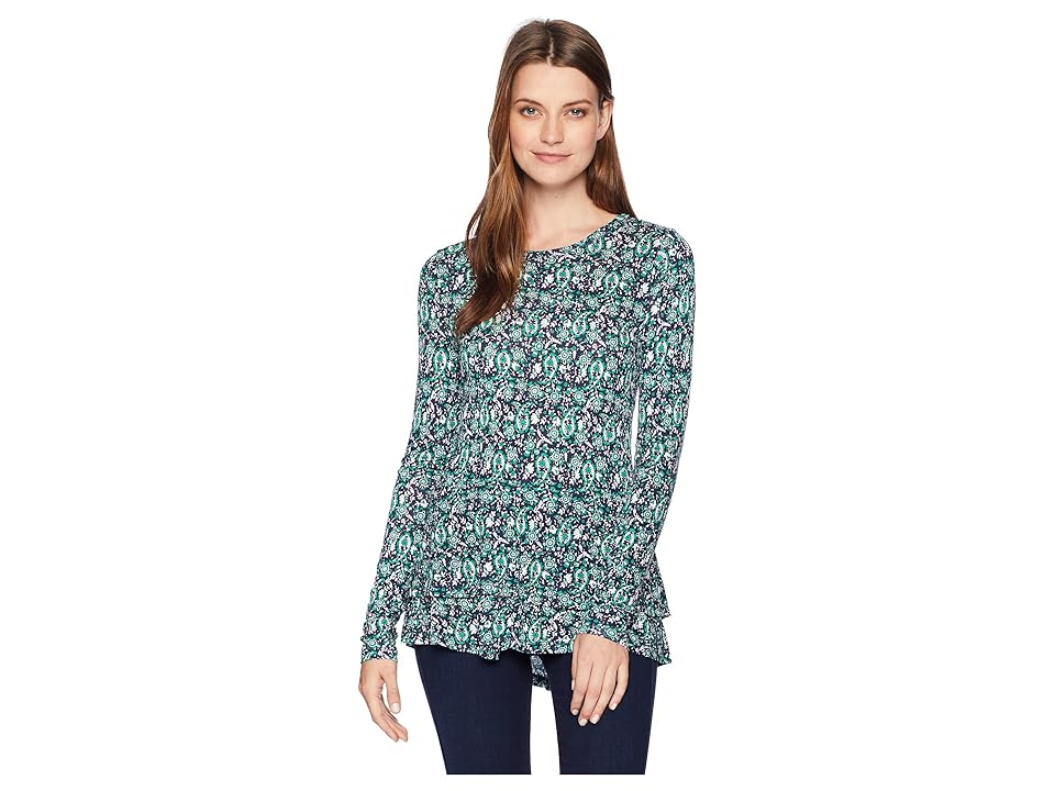 

MICHAEL Michael Kors Paisley Woodblock Double Hem Top (True Navy/Jewel Green) Women's Clothing