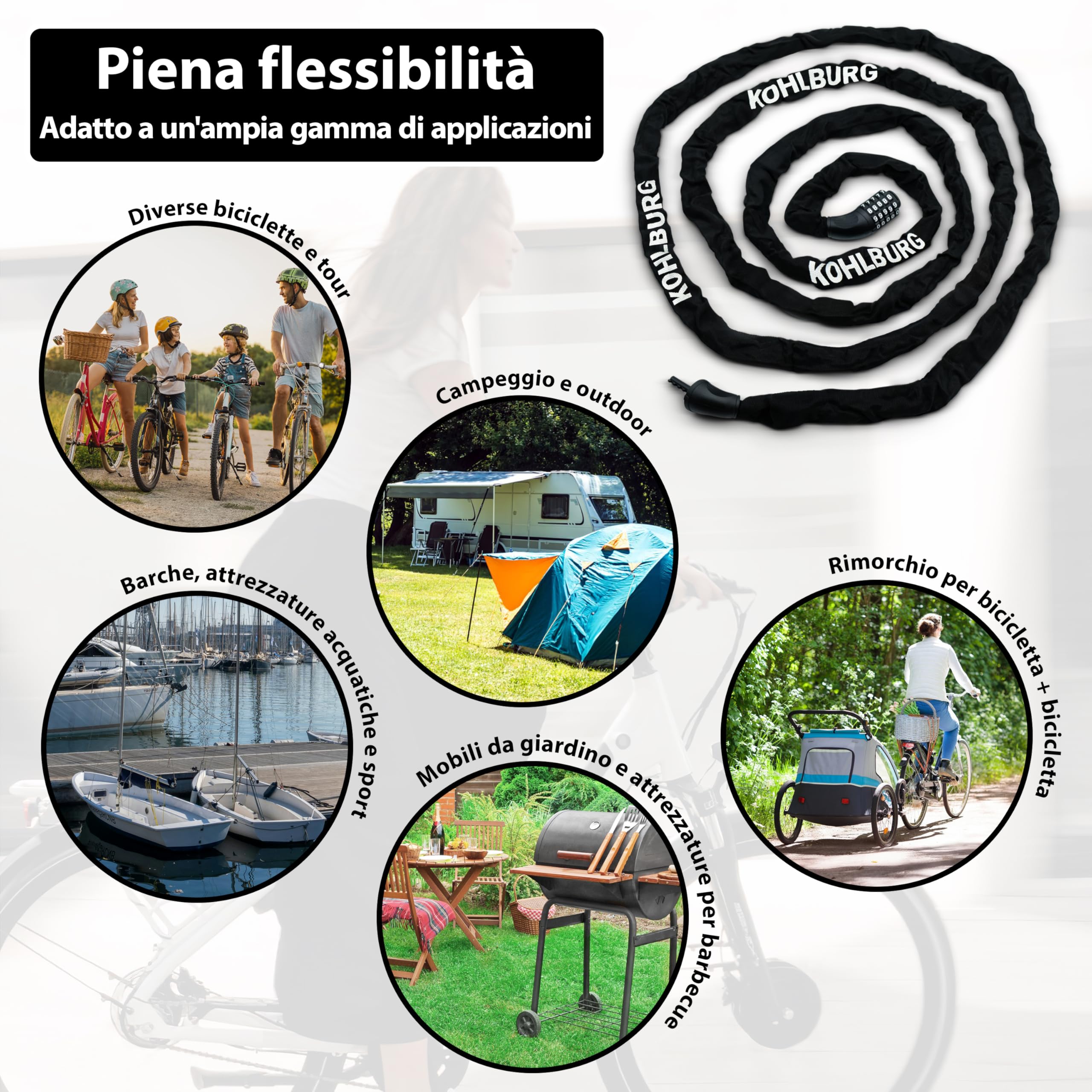 KOHLBURG Catena antifurto 5 m extra lunga con combinazione numerica, 500 cm & acciaio speciale 6 mm con a codice, lucchetto a combinazione 5 m per bici, e-bike, e‑scooter, mobili da giardino, barca