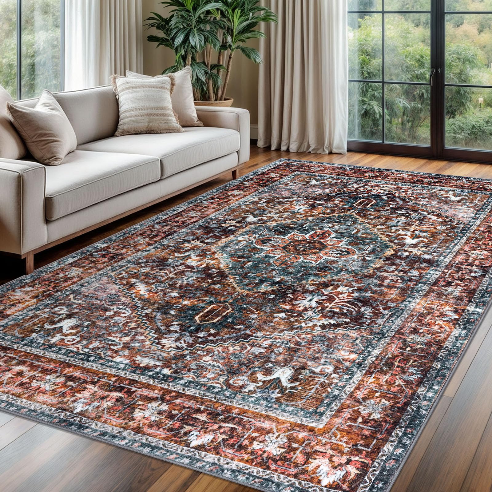 KOZYFLY Boho Area Rug 6x9 Ft Rugs for Living Room Washable Bedroom Rug Non Slip Rugs Printed Faux Wool Vintage Bedroom Rug Floor Carpet for Dining Room Living Room, Brick Red/Green