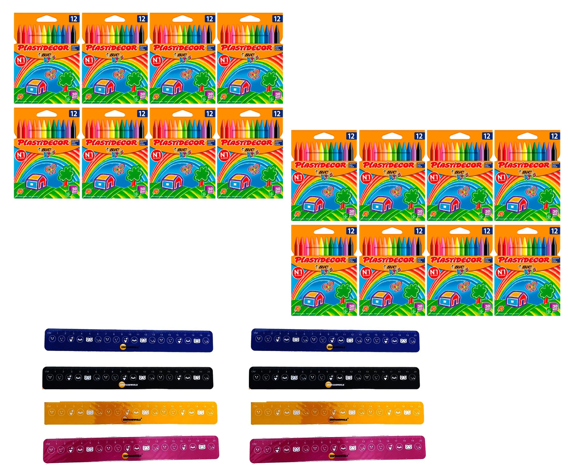 PAPELIVI Lote 16 Blister BIC Kids Ceras Plastidecor Barritas de Cera, 12 Colores Vivos + REGALO 16 reglas