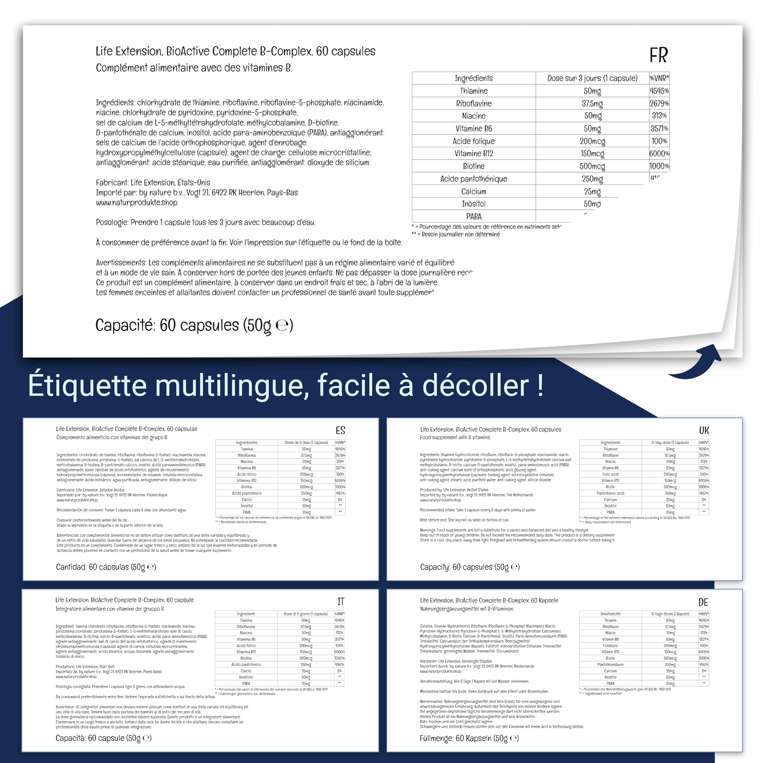Life Extension, BioActive Complete B-Complex (Complexe Complet de Vitamines B), 60 Capsules végétaliennes, Végétarien, Sans Gluten, Sans Soja, Sans OGM
