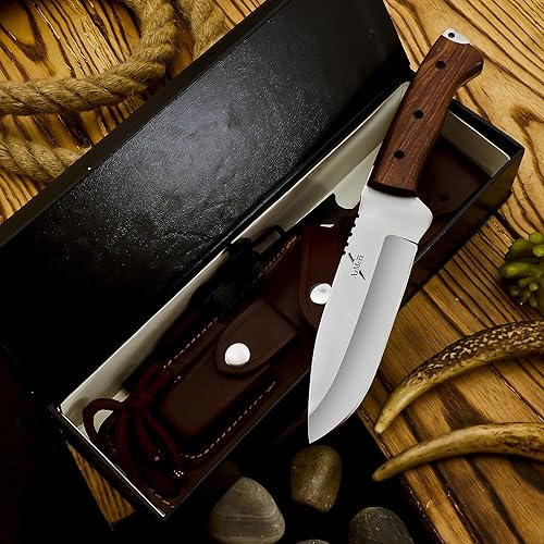 Miniatura 5 de Azmera Bushcraft - Cuchillo de caza con iniciador de fuego, cuchillo de supervivencia de hoja fija de acero inoxidable, cuchillo hecho a mano con