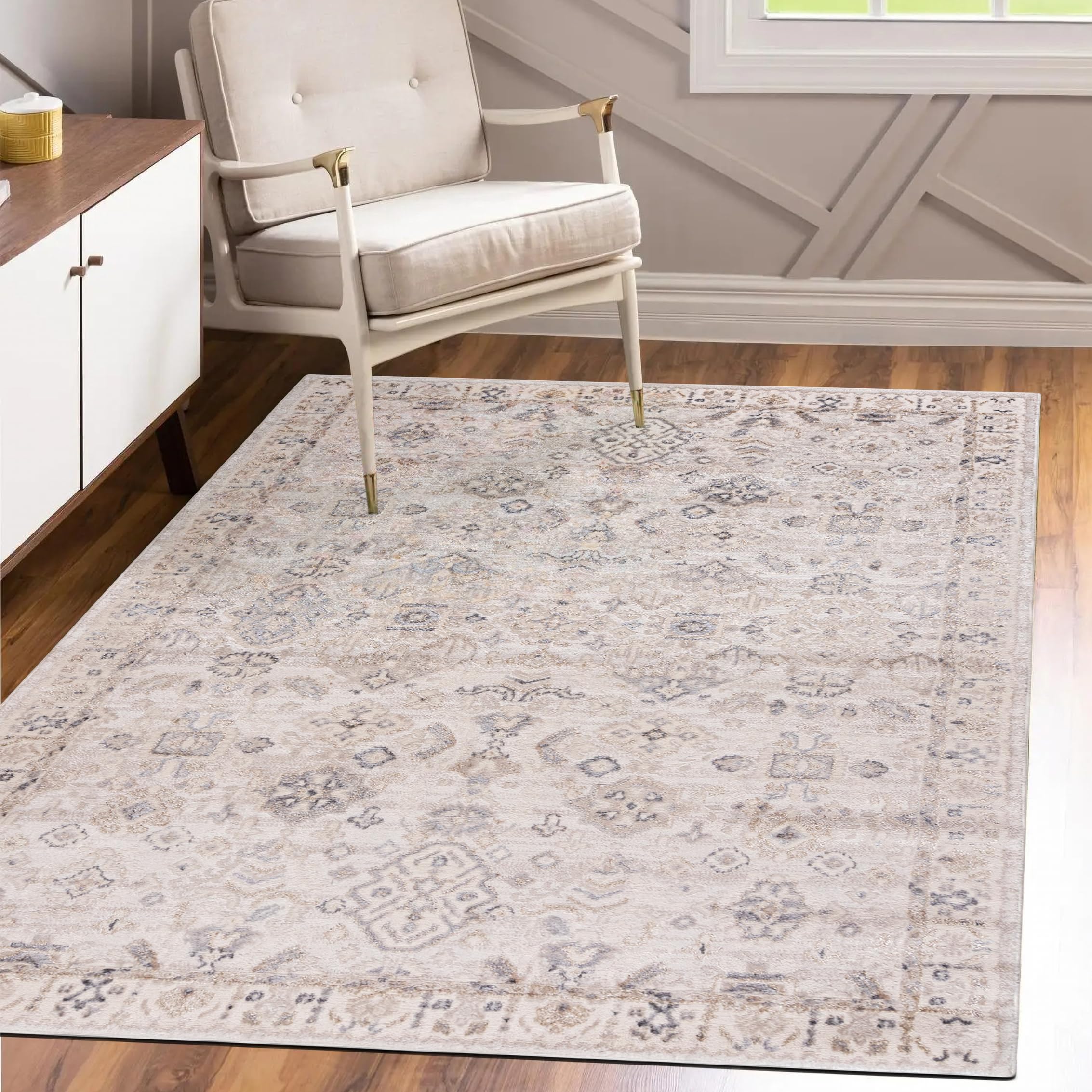 Mazovia Alfombras Beige Étnico - Para Salón, Dormitorio, Comedor, Despacho - Pilas Cortas Rectángulo - Certificado Oeko-Tex - Elegante - Beige Blanco - 200 x 300 cm