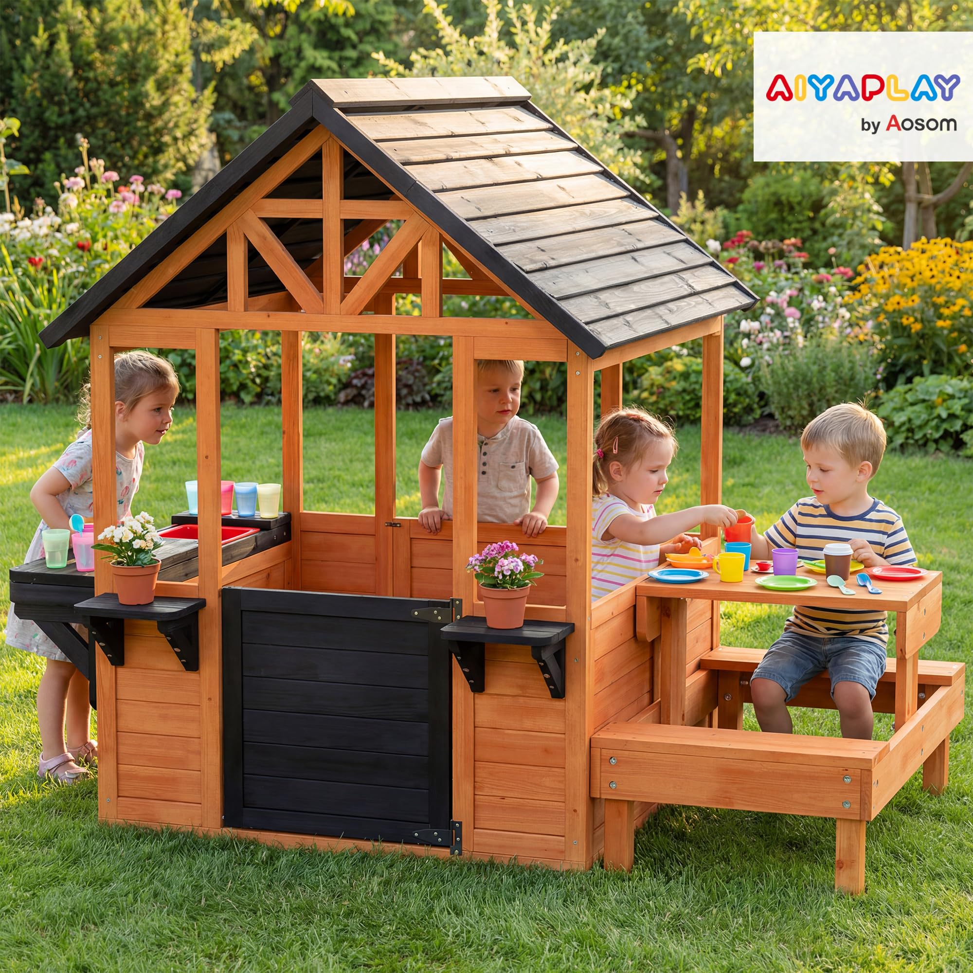 AIYAPLAY Casita Infantil Exterior e Interior de Madera, Casita Infantil con Barra de Snack, Mesa de Picnic y Bancos, Fregadero, Maceteros, Ventanas, Cocina Juguetes para Niños 3-8 Años, Marrón Claro