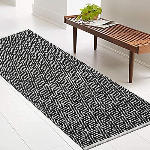 Miniatura 5 de Chardin home Alfombra de diamante 100% algodón totalmente reversible, tamaño del tapete de 2 x 5 pies, lavable a máquina, negro-blanco