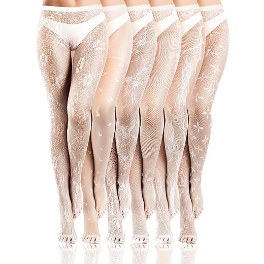 Ramede 6 Pairs Women Fishnet Thigh High Stockings Waist Tights Bow Patterned Lace Fishnet Leggings Pantyhose for Halloween