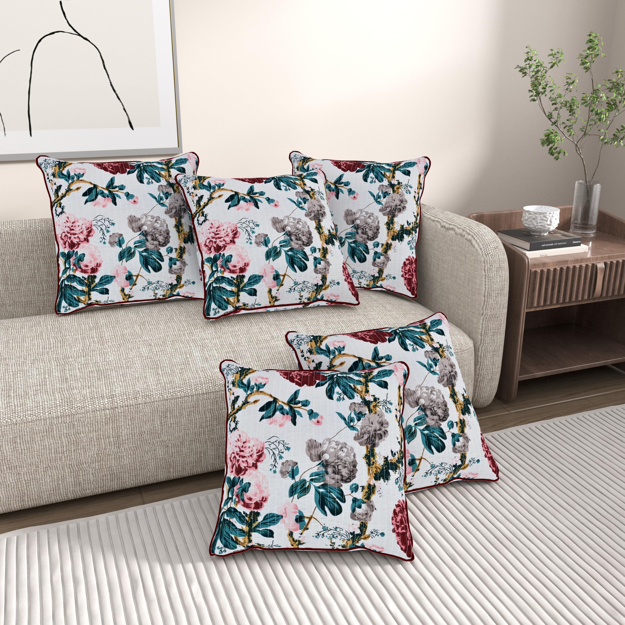 Cotton Cushion Covers Set of 5, 16 x 16 Inches, White Floral Printed Decorative Throw Pillow Covers with Hidden Zipper, Soft Washable Sofa Cushion Covers for Living Room.-image-46