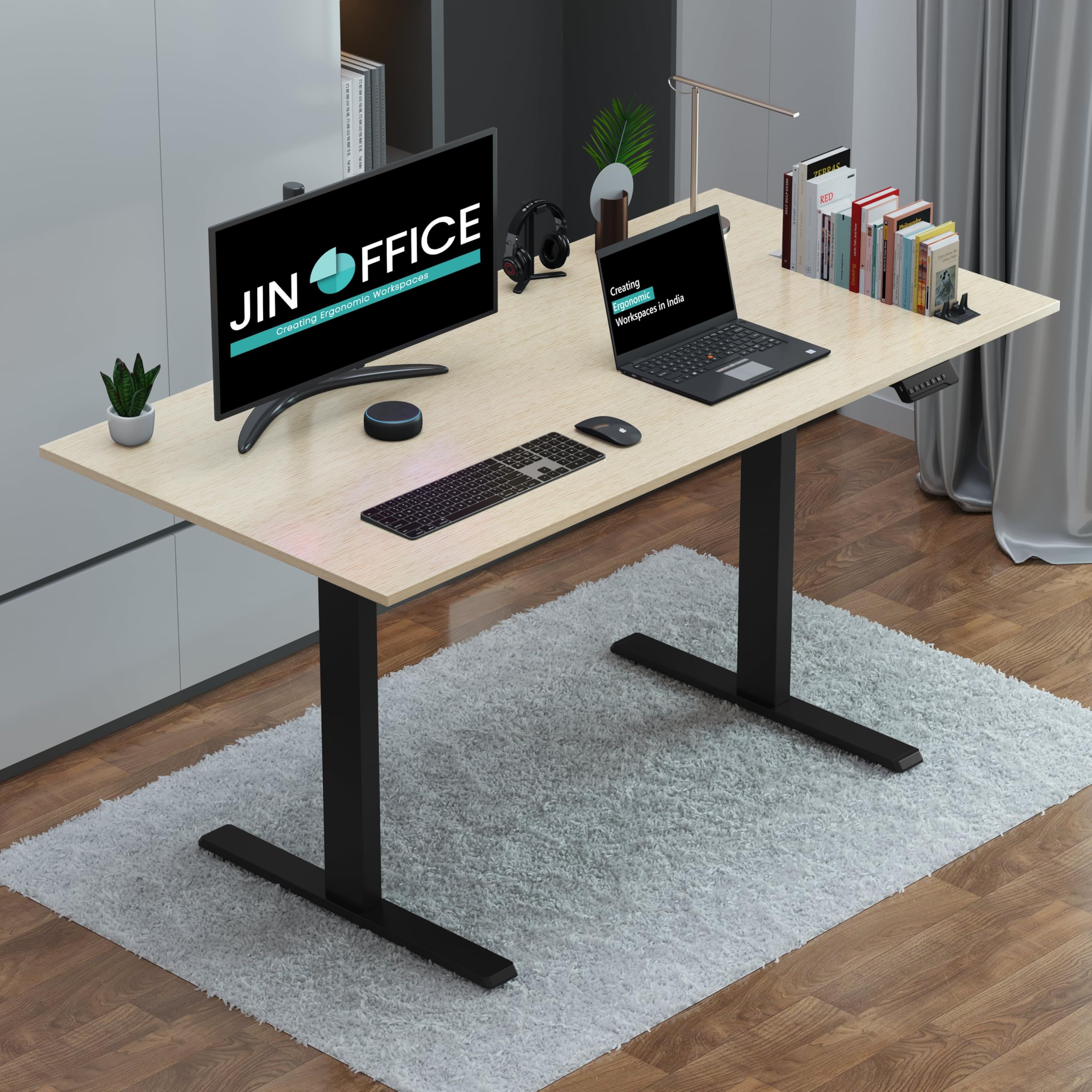 JIN OFFICE Zenith Electric Height Adjustable Table| Standing Desk with 100 Kg Wt. Capacity & 3 Year Warranty| Ergonomic Desk| Sit Stand Table with 3 Memory Preset| Black & Maple|1500X750mm/25MM Thick
