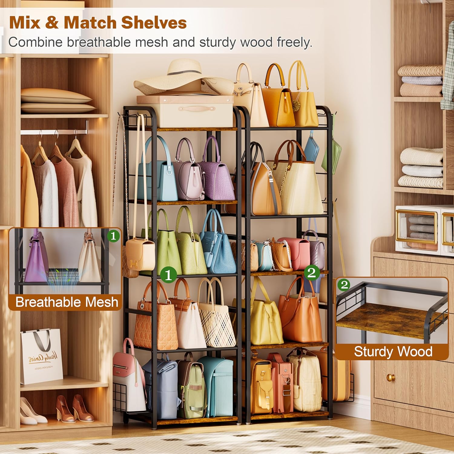 Tall 5-Tier Purse Organizer for Closet, Purse Rack Stand for Purse Storage, Metal & Wood Handbag Organizer with 4 Side Hooks and 2 Baskets, Space-Saving Narrow Purse Shelf for Small Space, Bedroom