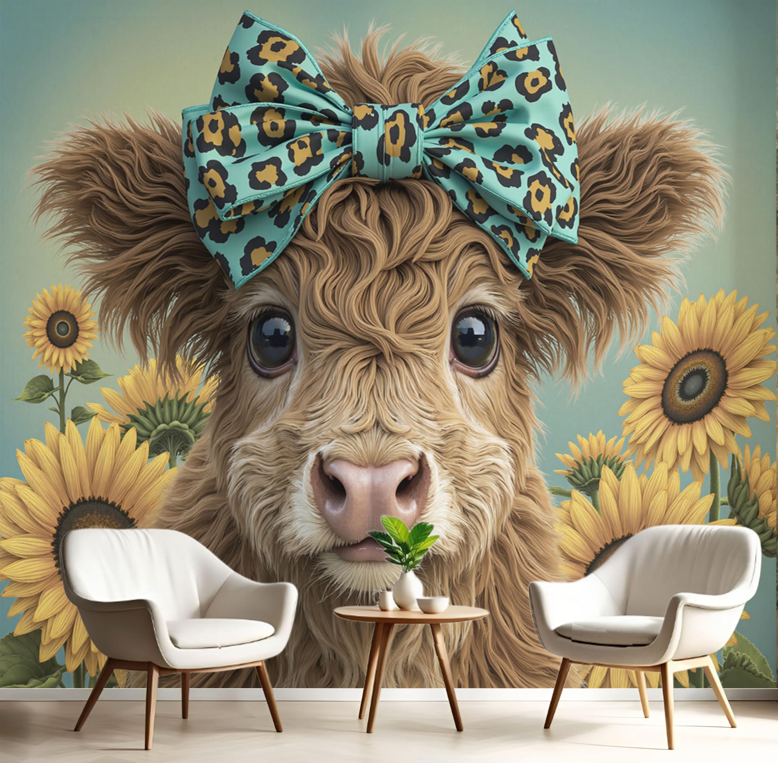 Papier peint panoramique pour cacher un mur abîmé 350x256cm motif vache turquoise