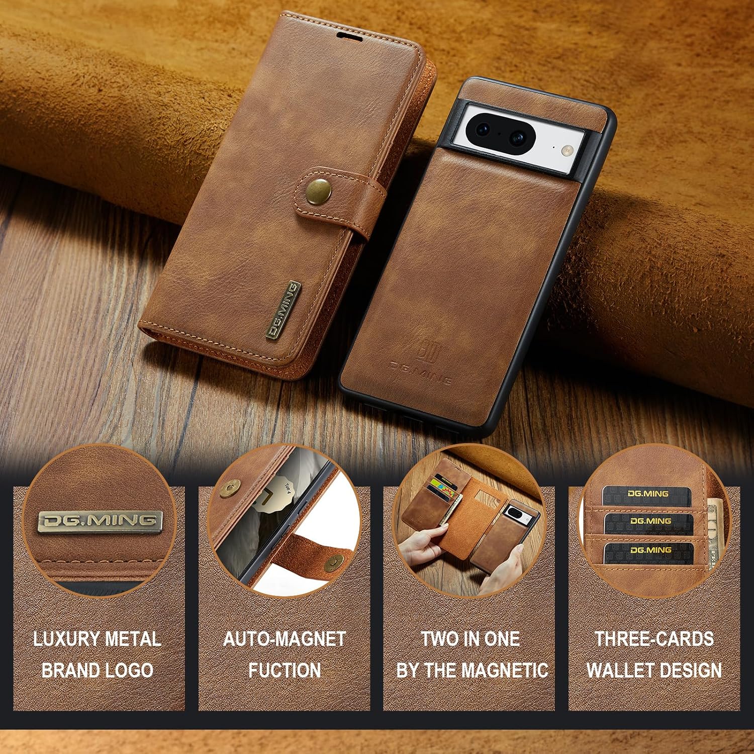 Detachable 2 in 1 Split Magnetic Flip Folio Wallet Case Compatible with Google Pixel 8 Genuine Leather Phone Case with 3 Card Holder Slots Kickstand Shockproof Cover(Brown)