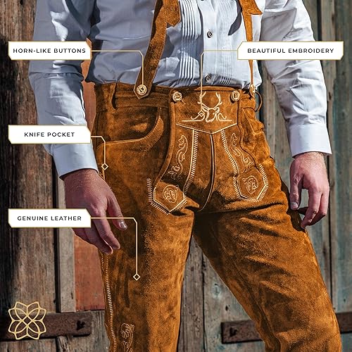 Miniatura 4 de BAVARIA TRACHTEN Lederhosen - Disfraz de Oktoberfest para hombre, piel auténtica, Lederhosen alemán para hombre, color amarillo olivaverde óxido