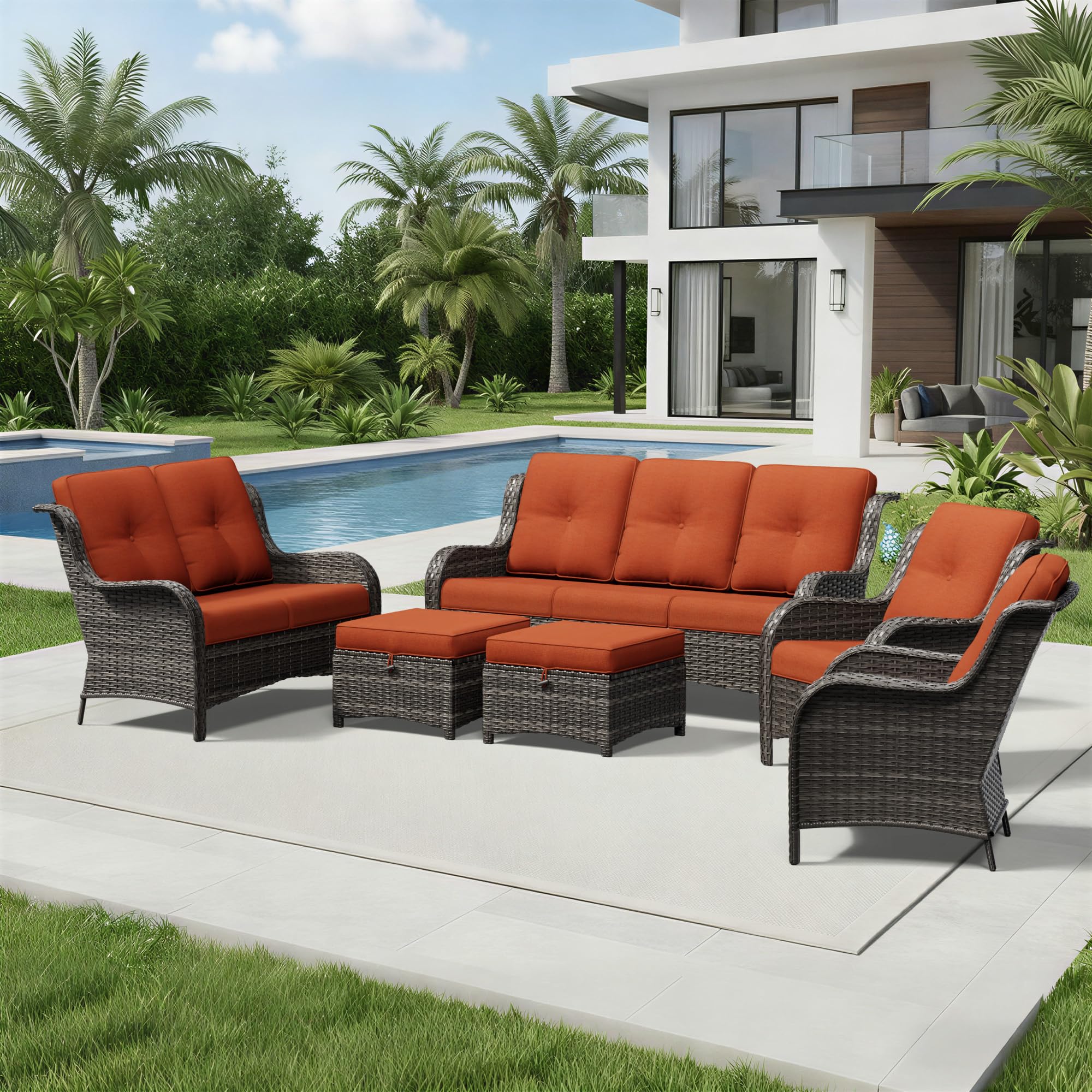 Joyside 6 Piece Wicker Patio Furniture Set, Rattan Patio Chairs with High Back, Deep Seating, Wide Armrest, Thickened Cushions, Outdoor Furniture for Deck, Porch Use