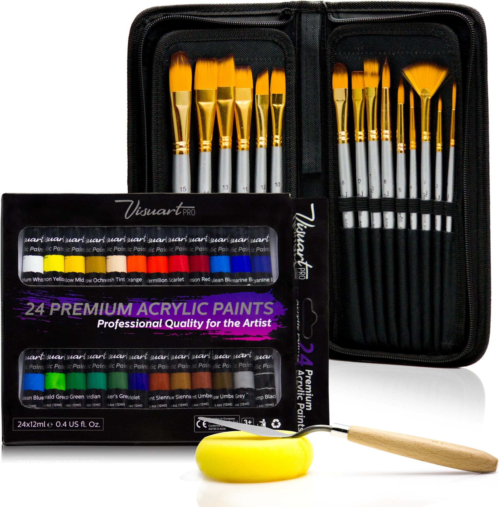 Acrylic Paint Brush Set with 15 Premium Artist Brushes and 24 Color Acrylic Paint - Ultimate Kit for Canvas, Wood, Ceramic, Fabric (Acrylic Paint Set)