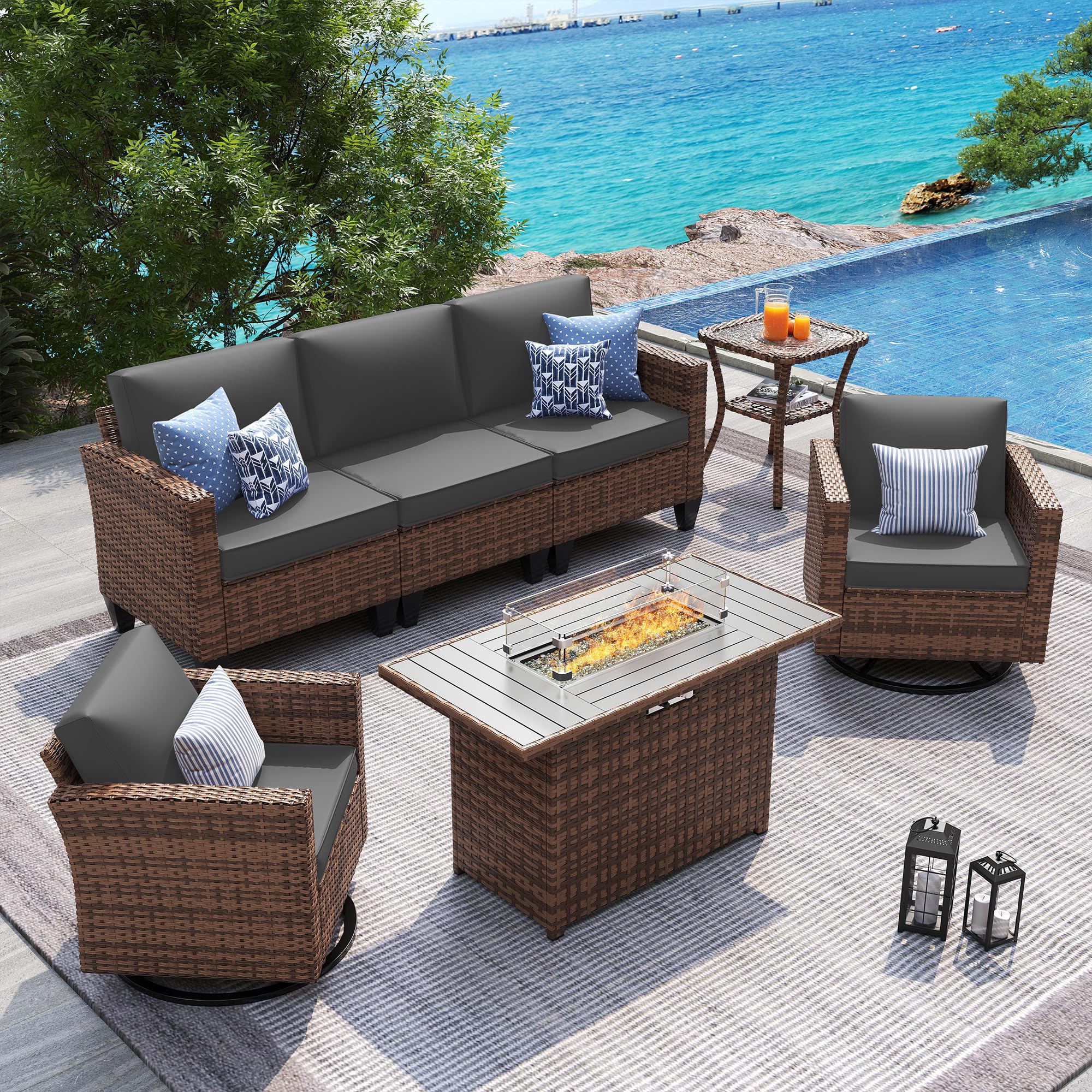 UDPATIO Patio Furniture Set with Fire Pit Table, Rocking Swivel Chairs, 5 Pieces Outdoor Furniture Sets, All-Weather Wicker Outdoor Sectional Sofa