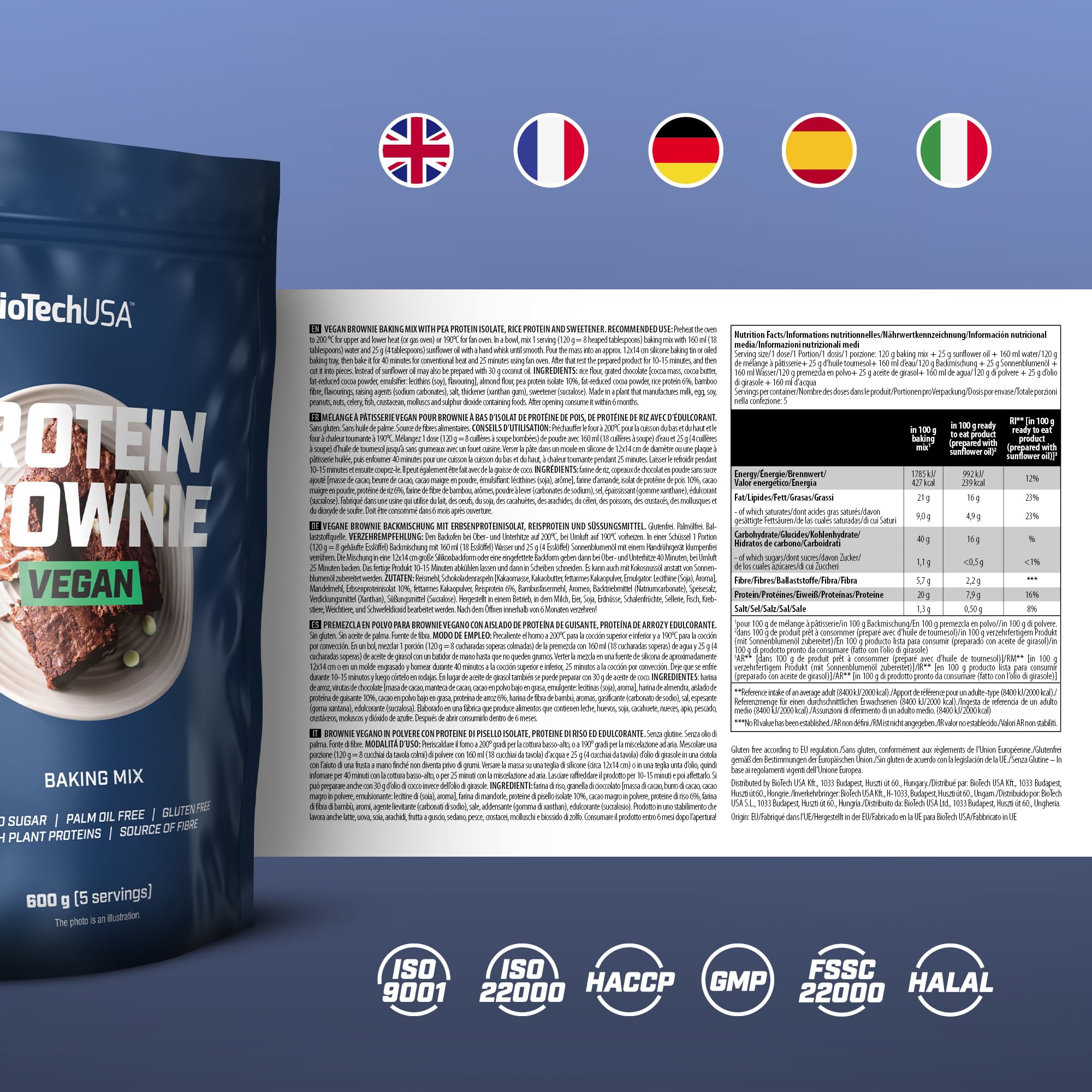 BioTechUSA Vegan Protein Brownie, Premezcla en polvo para brownie vegano con aislado de proteína de guisante, proteína de arroz, 600 g, Chocolate