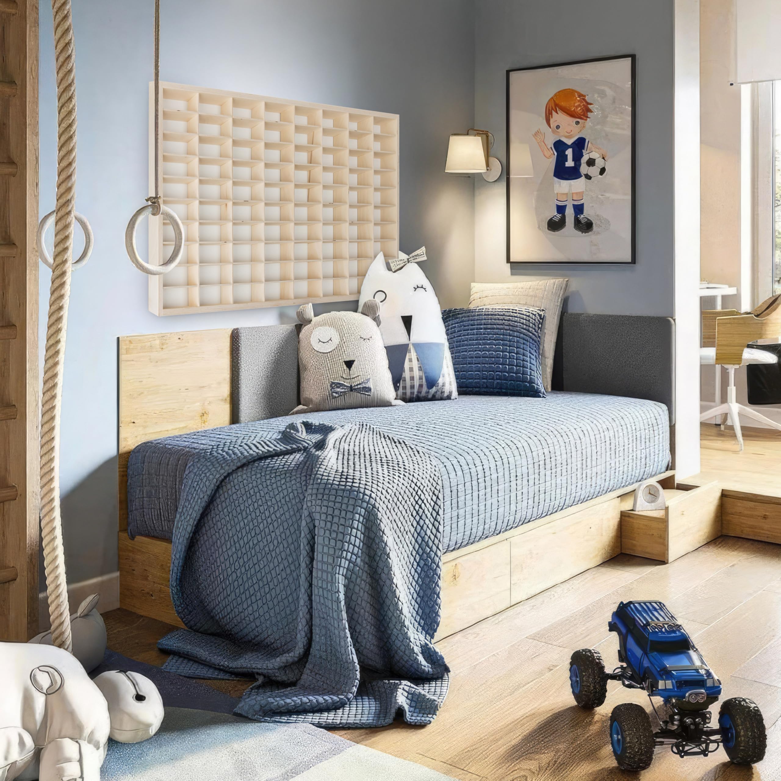KRUZZEL - Estante de madera para coches de juguete con 80 compartimentos - Estante de pared para habitación infantil - Apilable y ajustable - Vitrina de coleccionista de madera - Caja expositora de