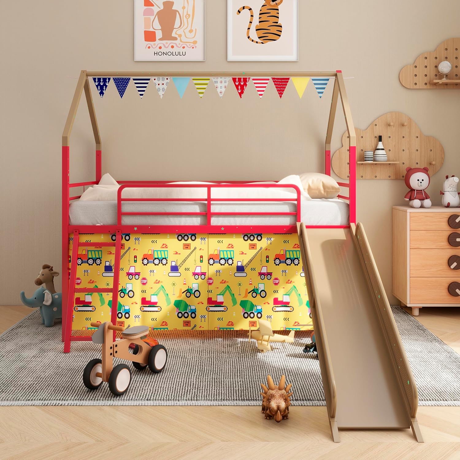 KEIKI Loft Bed with Stairs and Slide, Twin Size Metal Bed with Curtain, Guardrails, Pennant Banner Flag, Star Stickers, Under Bed Storage, KidsBed Frame for Boys Girls, Gold with Red