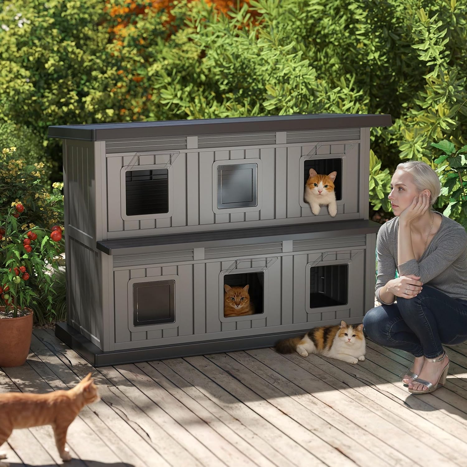 DRATO Outdoor Cat House Resin Double-Decker Cat Houses for Cats Weatherproof Large Space Cat Shelter Indoor & Outdoor Use