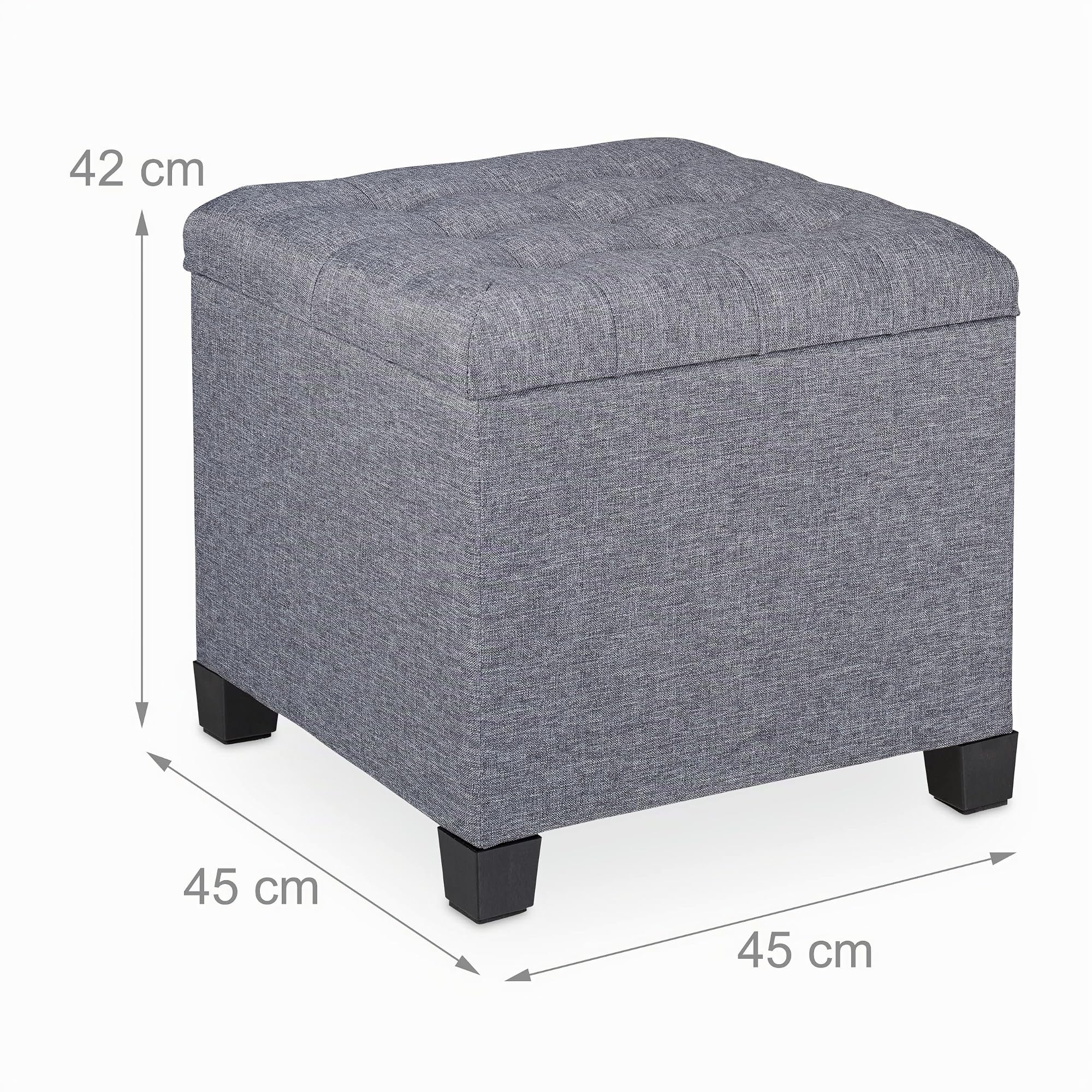 Relaxdays Sitzhocker mit Stauraum, HxBxT: 42 x 45 x 45 cm, gesteppt, Stoffbezug, Schaumstoff Polster, Fußhocker, grau