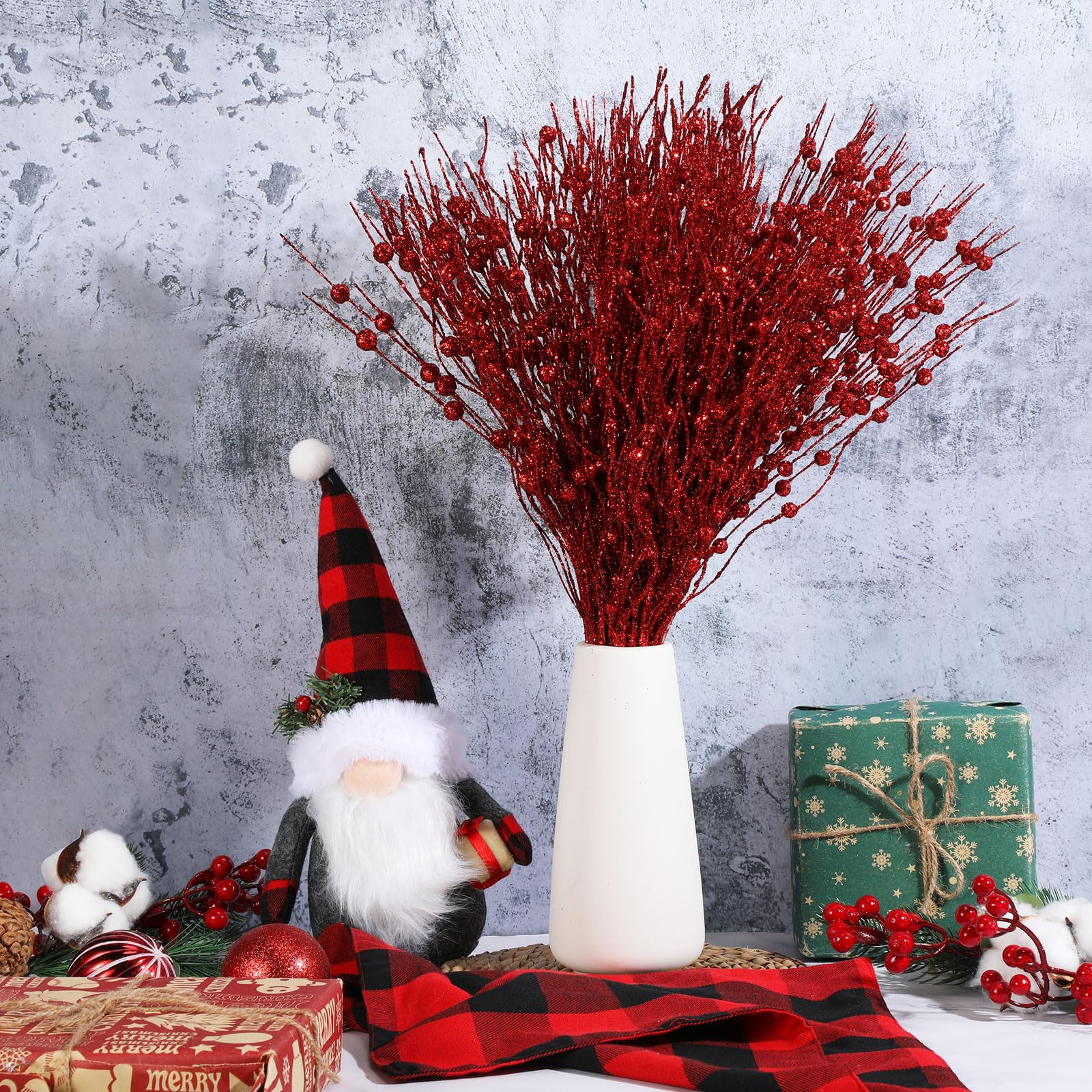 36 Stück Weihnachtsbaum-Plektren, 4 Stile, künstliche Glitzer, Beerenstiel, Weihnachtsschmuck, glitzernde Zweige für Weihnachtsbaum, Weihnachtskranz, Vasenfüller (rot)