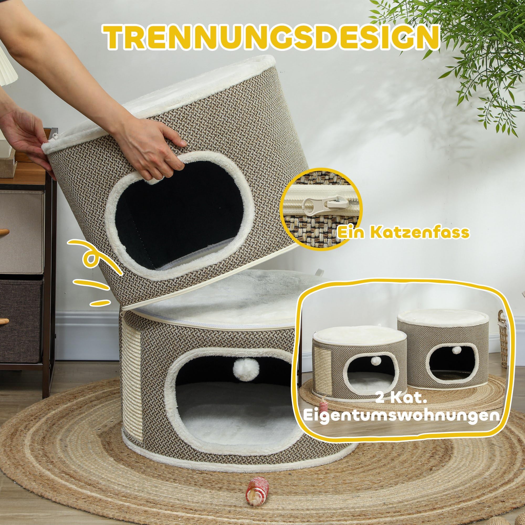 PawHut Kratztonne, Kratzbaum mit Spielbällen, 69 cm hoch Katzenturm mit 2 Höhle, Katzentonne aus Sisal, für Katze bis 6 kg, Kaffeebraun+Cremeweiß