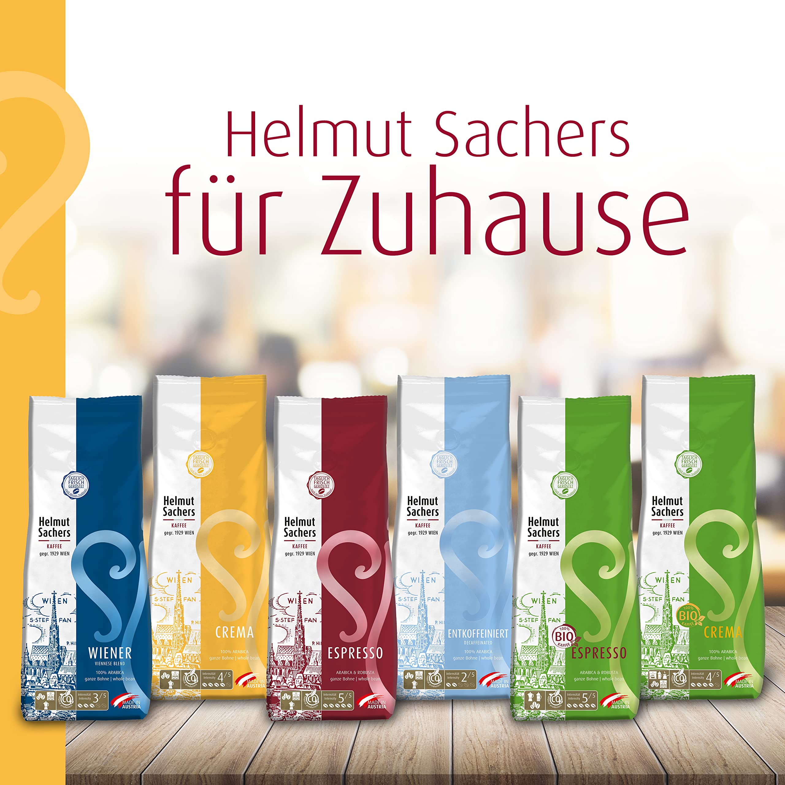 Helmut Sachers Kaffee - Crema, intensywność 4/5, 100% Arabica, całe ziarna kawy, 6 x 500 g