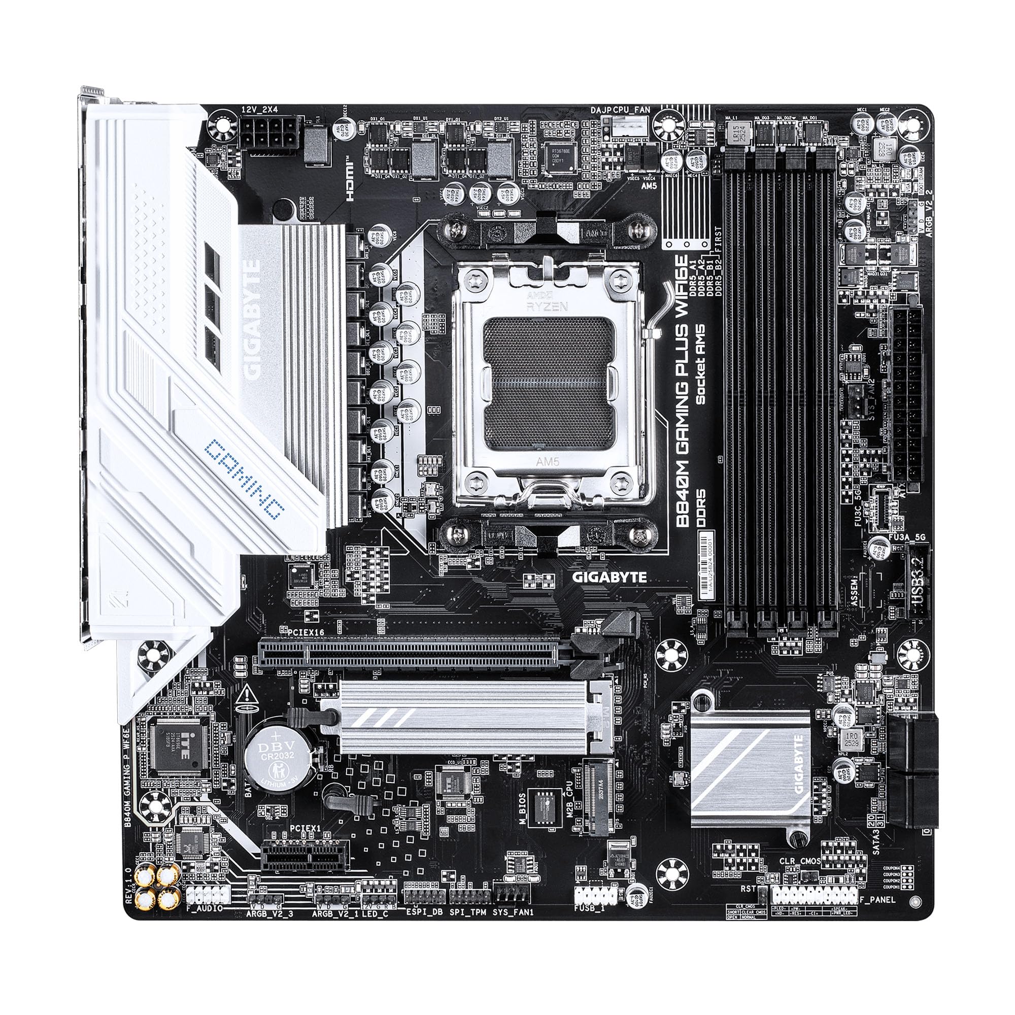 GIGABYTE B840M Gaming Plus WIFI6E Carte mère AMD AM5 mATX, Prise en Charge Ryzen 9000/8000/7000 Series, 8+2+2 Phases de Puissance, DDR5, 2 x M.2, PCIe 4.0, USB-C 3.2 Gen 1, WiFi 6E, GbE LAN