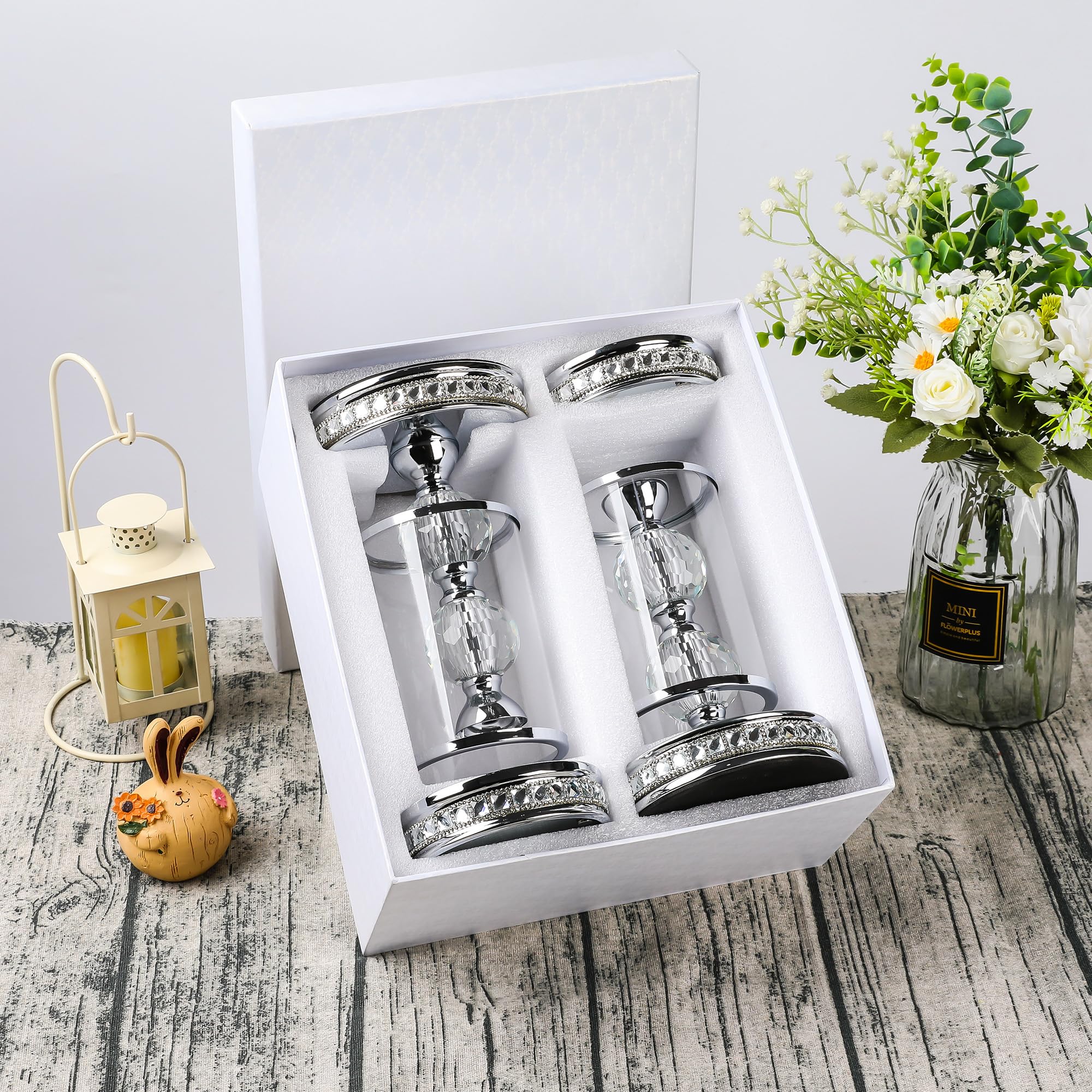 Hurricane Kerzenhalter, Stumpenkerzenhalter mit Glashülse mit Geschenk-Box, Kristall-Kerzenständer für Hauseinweihung, Hochzeit, Esszimmer-Dekoration, Tischdekoration (2, Silber, S)