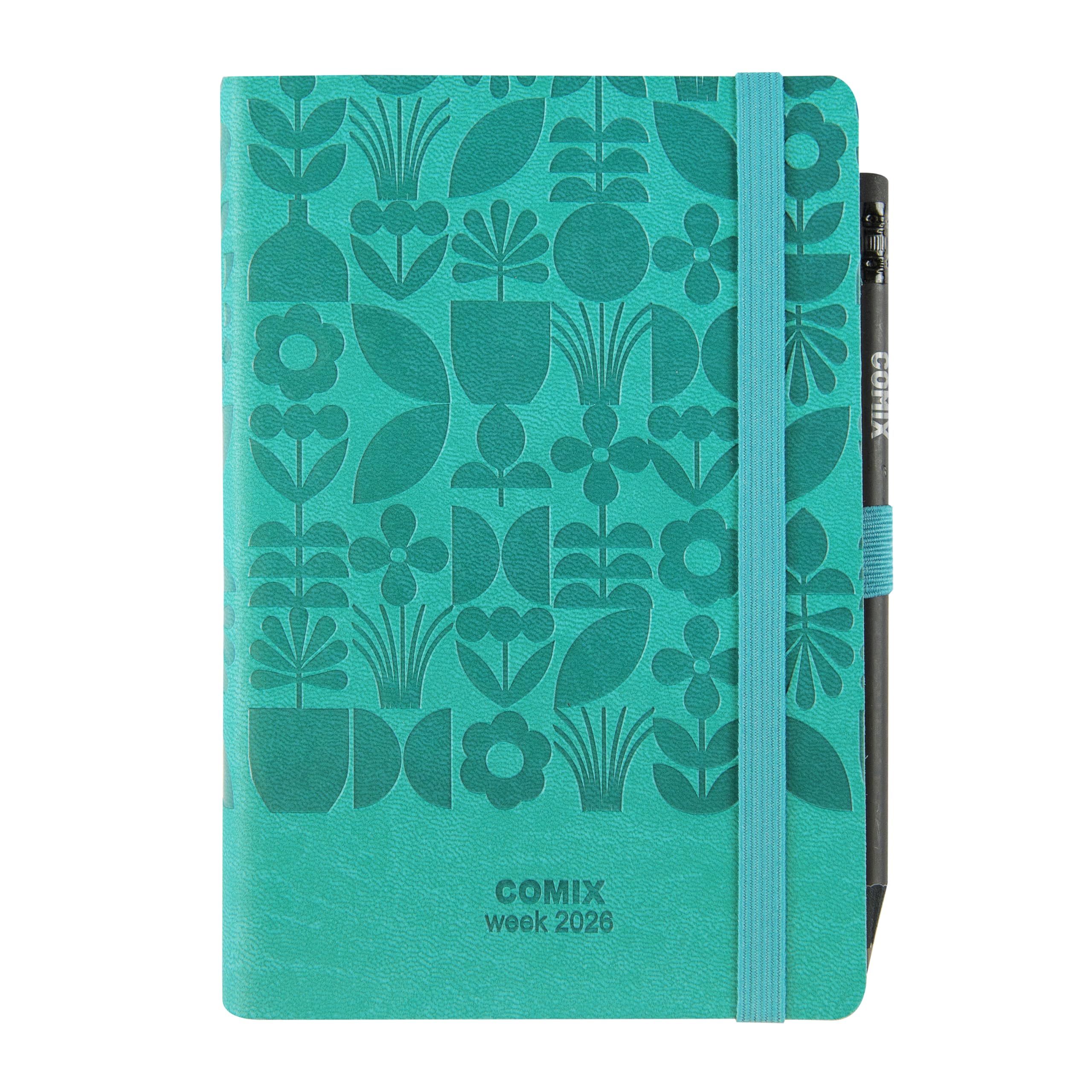 COMIX Medium - 2026 12 Months, Weekly Diary, with Elastic Loop for Pencil or Pen, Closure with Elastic Band and Bookmark, Comix Pencil Included, 10.7 x 15.9 cm Floral