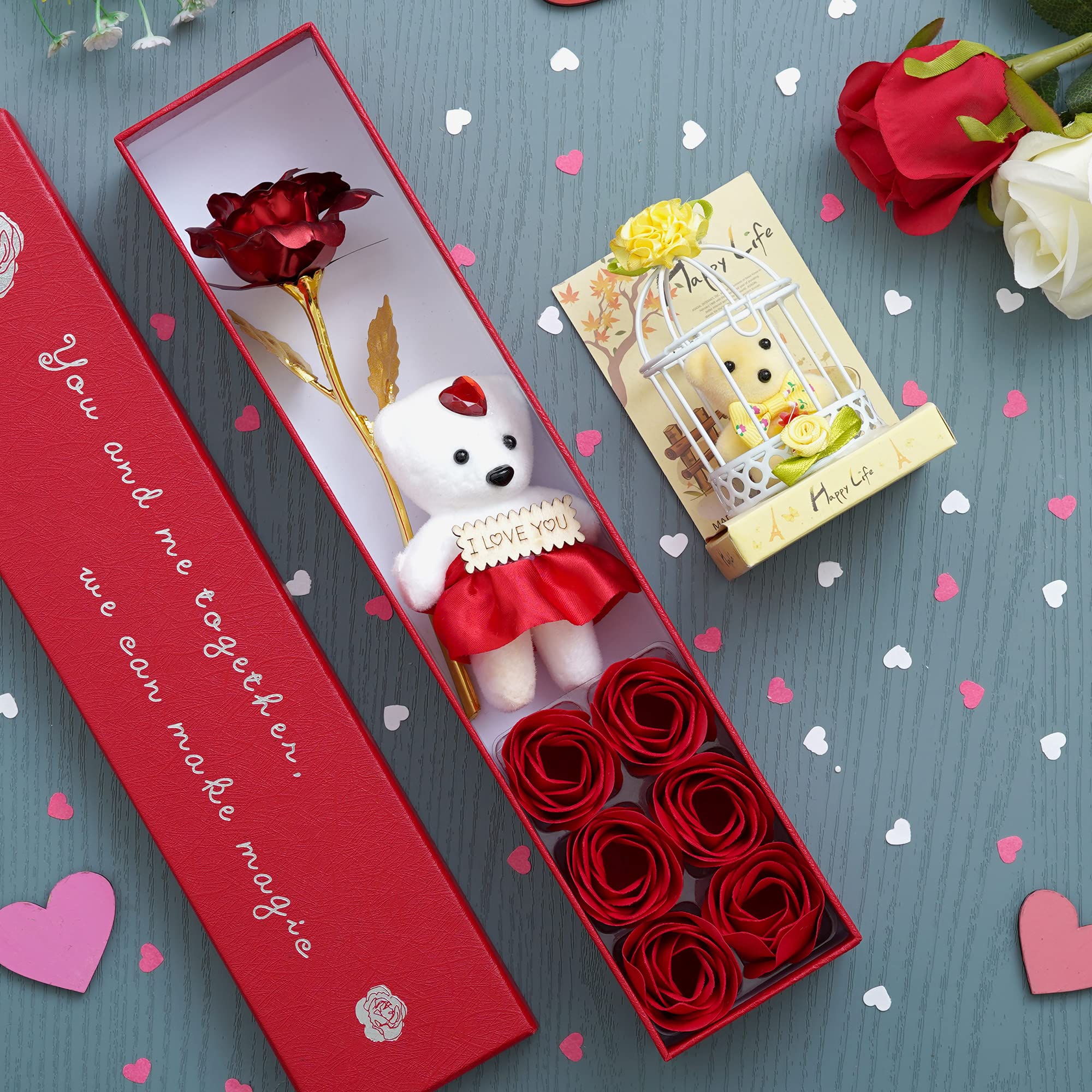 Webelkart®️ Premium Valentine Gift Combo of Rose Box and 24k Red Golden Rose with Cute Little Teddy Sitting in Plastic Cage Showpiece (Red and Yellow)-image-20