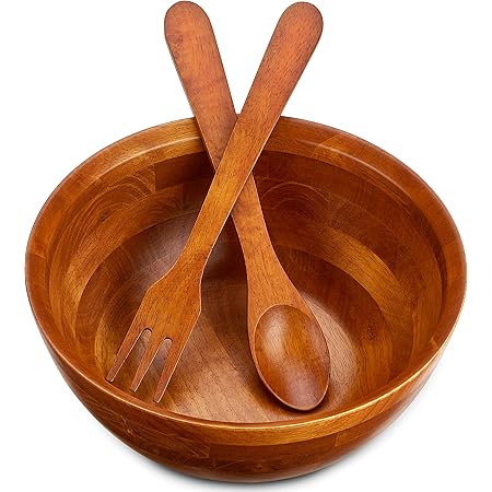 Wooden Salad Bowl Serving Set - Handcrafted Hardwood Bowl and Salad Fork / Spoon Serving Utensils - 11.5" Diameter x 6" Multipurpose for Prepping and Serving Salads, Use with Hot or Cold Food – 144 oz