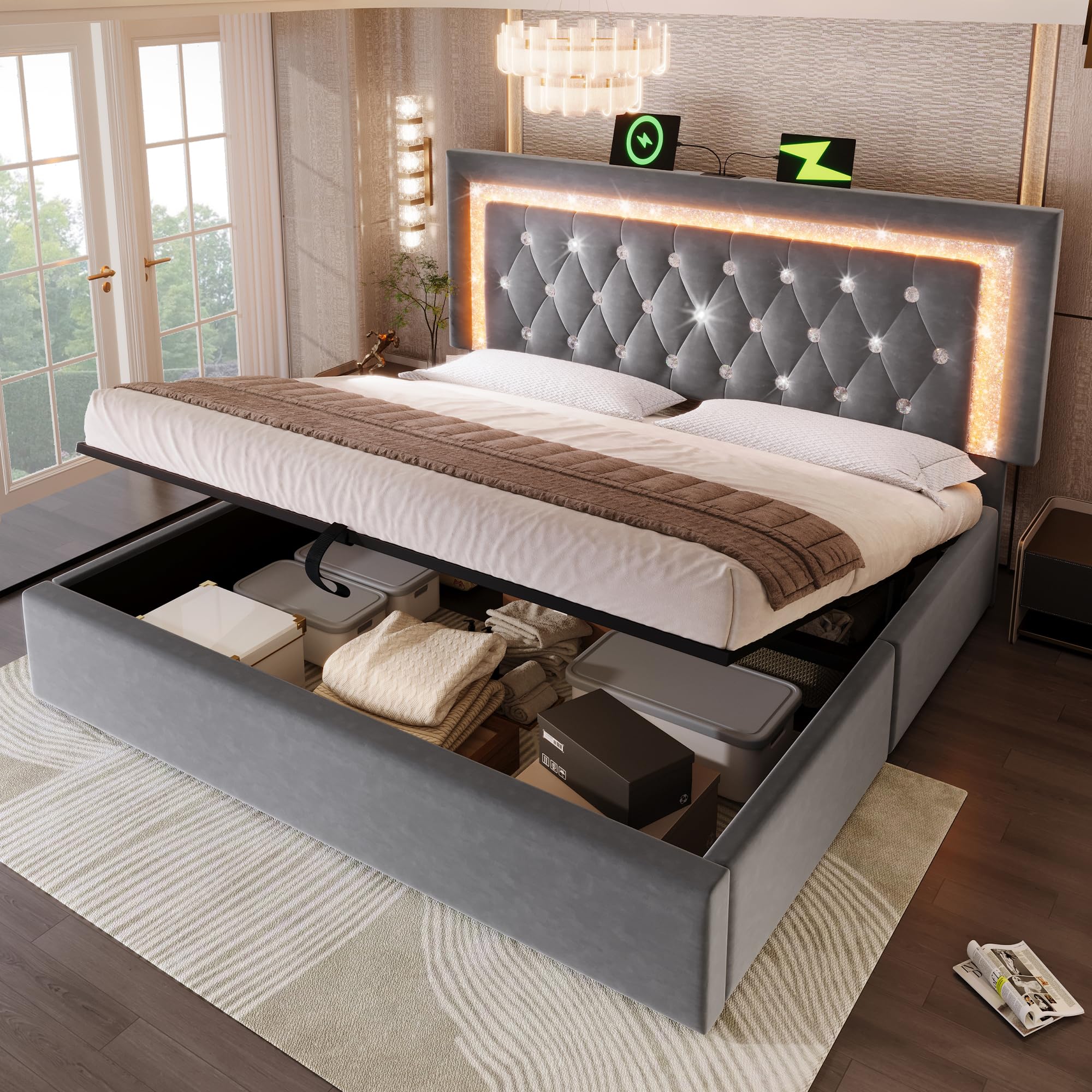 Łóżko tapicerowane 180 x 200 cm, aksamitne łóżko podwójne z paskami diamentowymi LED, stacja ładująca USB & Type-C, hydrauliczne łóżko do przechowywania, nowoczesne łóżko młodzieżowe ze