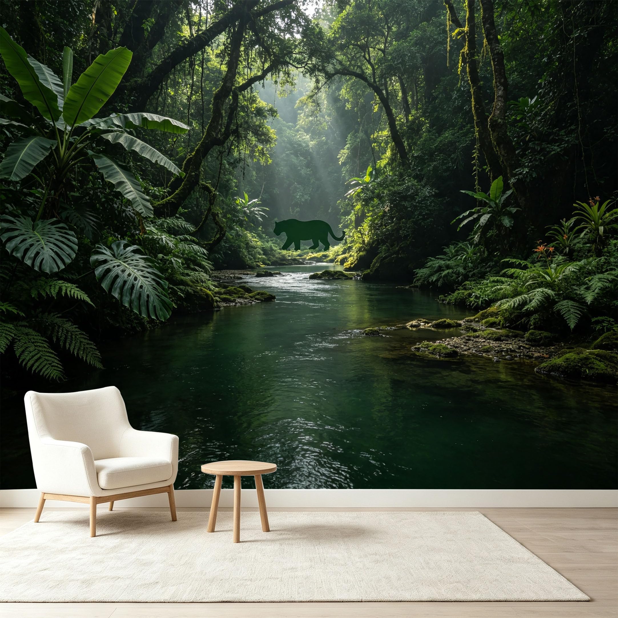 Custom Size Wall Murals Tropical Jungle Rainforest River Panther Silhouette Self-Adhesive Wall Fabric Removable Wallpaper Wall Decor for Living Room Bedroom Bathroom