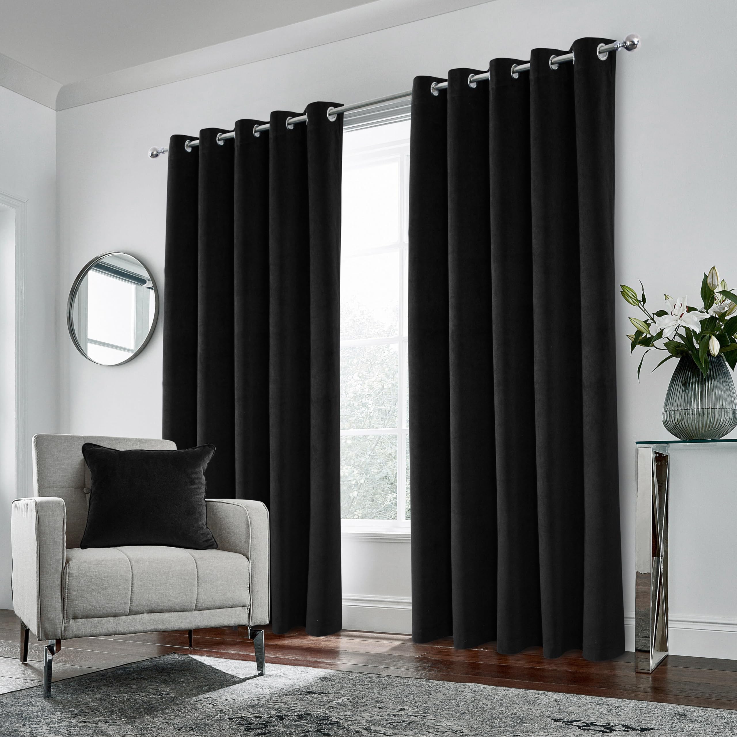 Black Velvet 100% Blackout Pair of Curtains Eyelet Top - 66x54 inch (168x137cm)