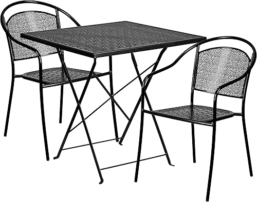 Flash Furniture Juego de mesa plegable de acero para interiores y exteriores de grado comercial de 28 pulgadas con 2 sillas de respaldo redondas