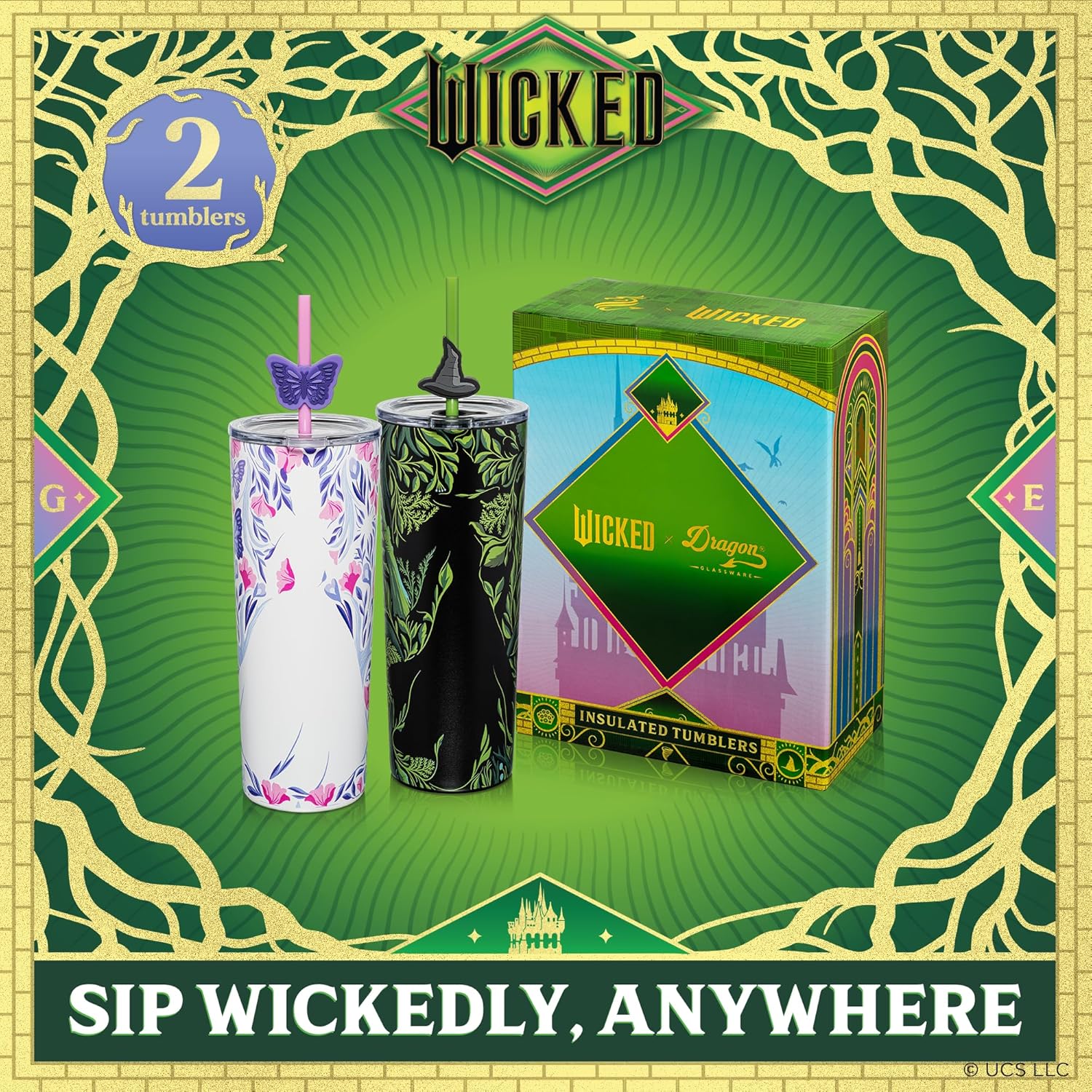 Dragon Glassware x Wicked: For Good 2-Pack 24 oz Vacuum Insulated Tumbler with Lid and Straw - Set of 2 Wicked Tumblers with 4 Straws and Toppers - Official Wicked Merch - Shadows - Image 2
