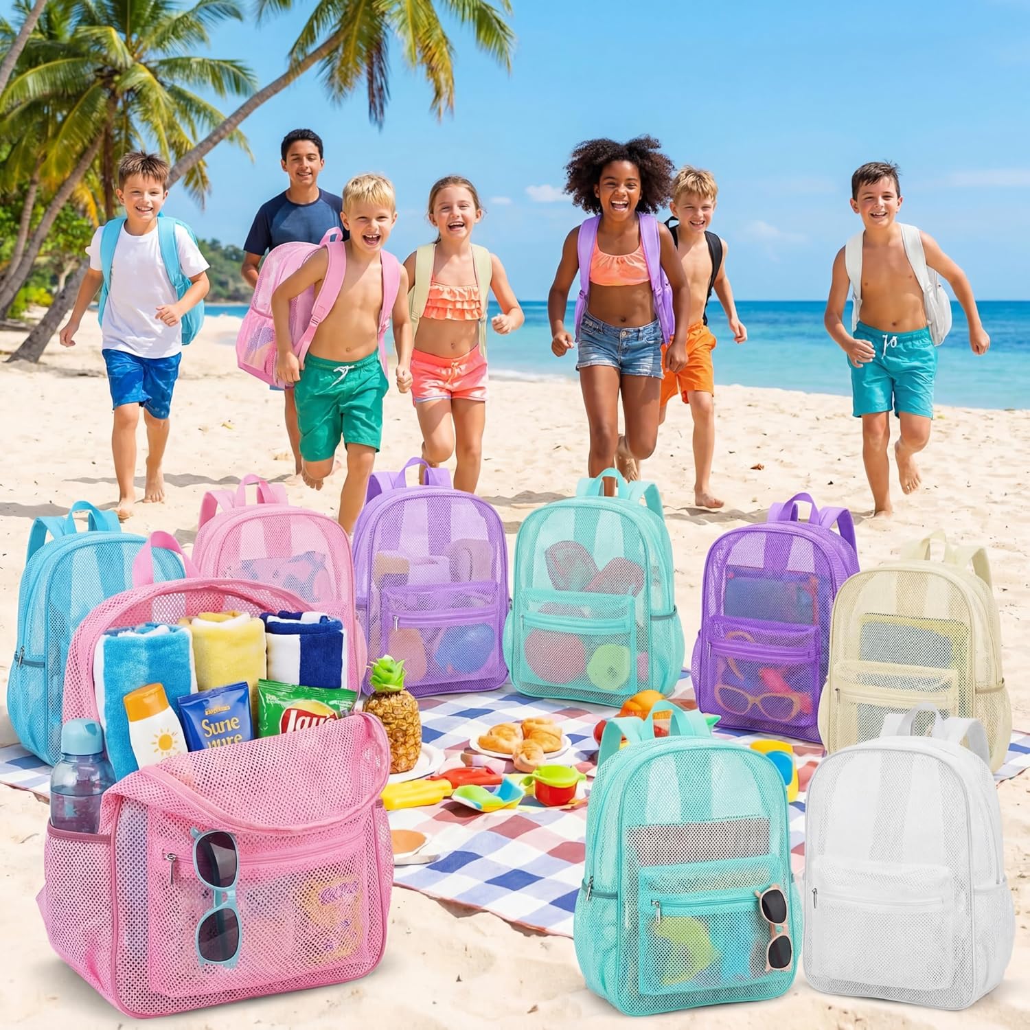 Silkfly 18 Pcs Mesh Backpacks, 17" Lightweight See-through School Bags for Kids Boys Girls, Ventilated Gym Bags Sports Beach Gifts (Pastel Colors)