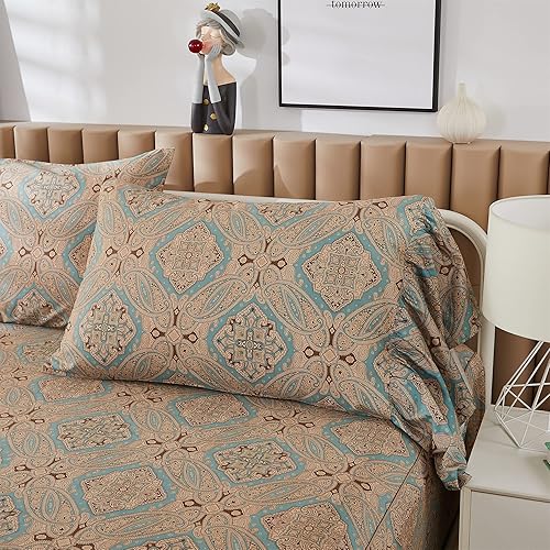 Miniatura 5 de ABREEZE Juego de sábanas con estampado de flores desgastadas, juego de ropa de cama bohemio con volantes, juego de ropa de cama de lujo de 4 piezas,