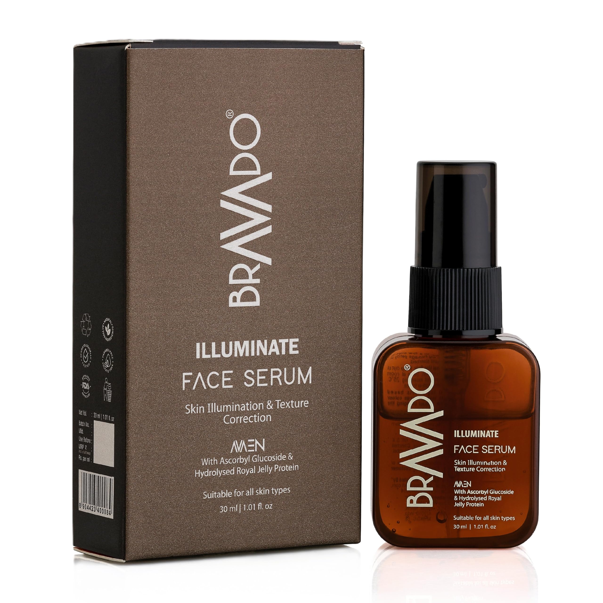 BRAVADO Illuminate Face Serum for Glowing Skin | Brightening & Dark Spot Reduction | With Vitamin C, Oleuropein, Ascorbyl Glucoside & Royal Jelly Protein | Lightweight Daily Serum for Even Tone & Skin Repair | 30ml